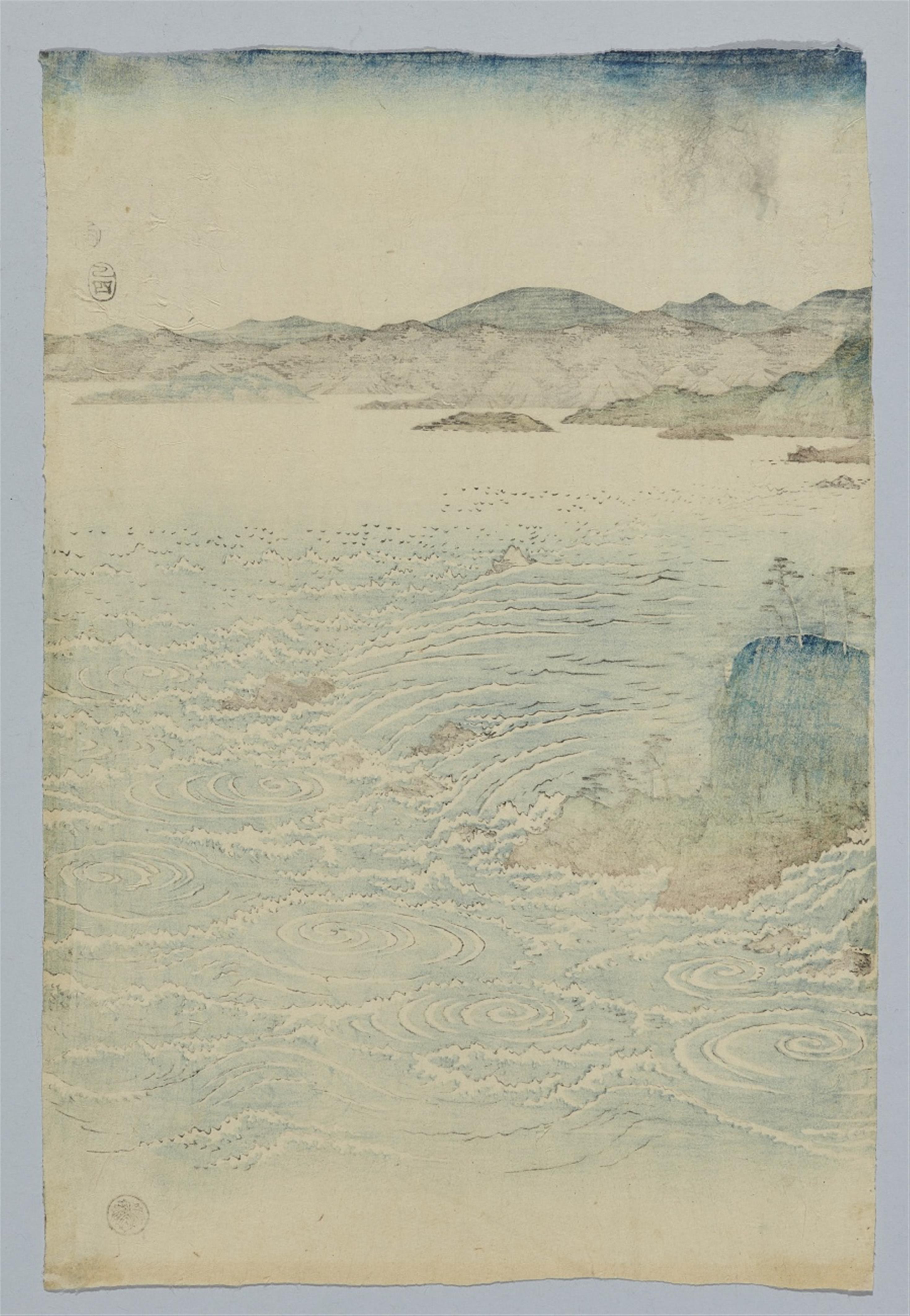 Utagawa Hiroshige - Ôban triptych. View of the whirlpools at the Naruto Straits in Awa, from an untitled series of three triptychs that depict Snow, Moon and Flowers (setsugekka). 
This triptych i... - image-4