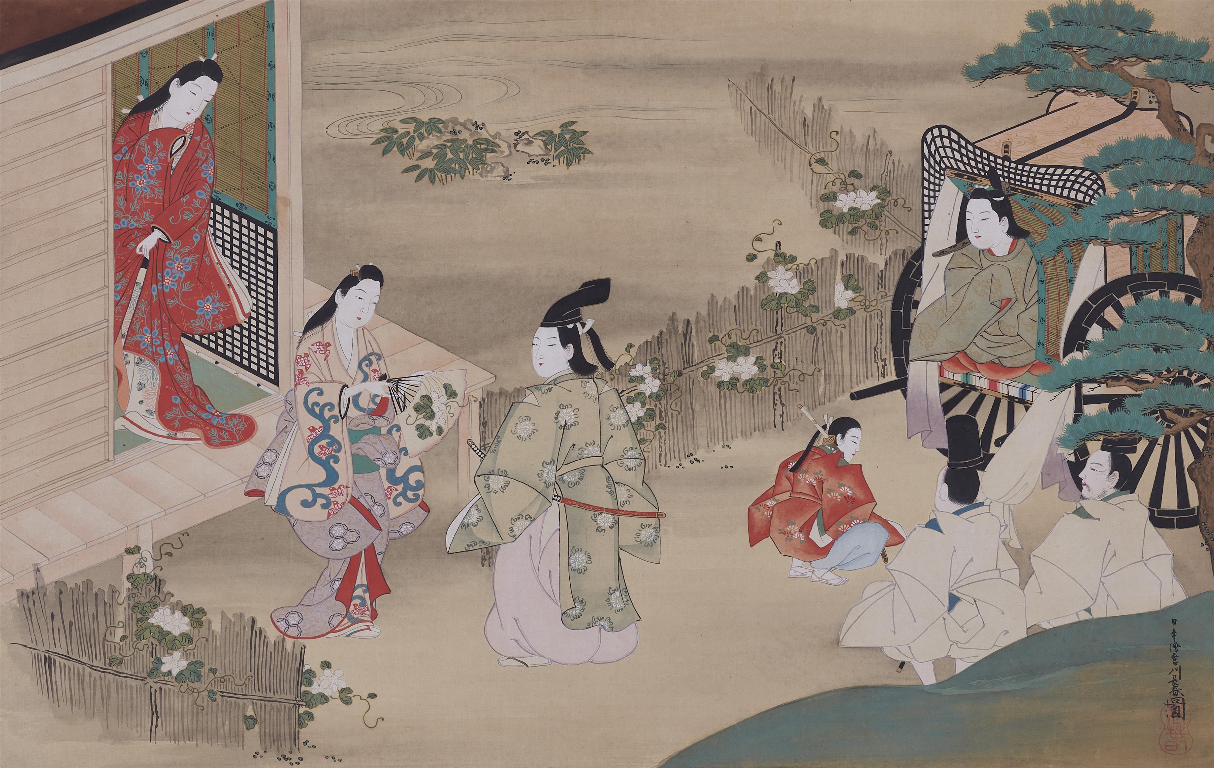 Miyagawa Chôshun, in the manner of - A hanging scroll depicting Prince Genji visiting a lady who offers him a fan, illustration for the 4th chapter "Yugao", of the Genji Monogatari. Ink and colours on silk. Inscrib... - image-1