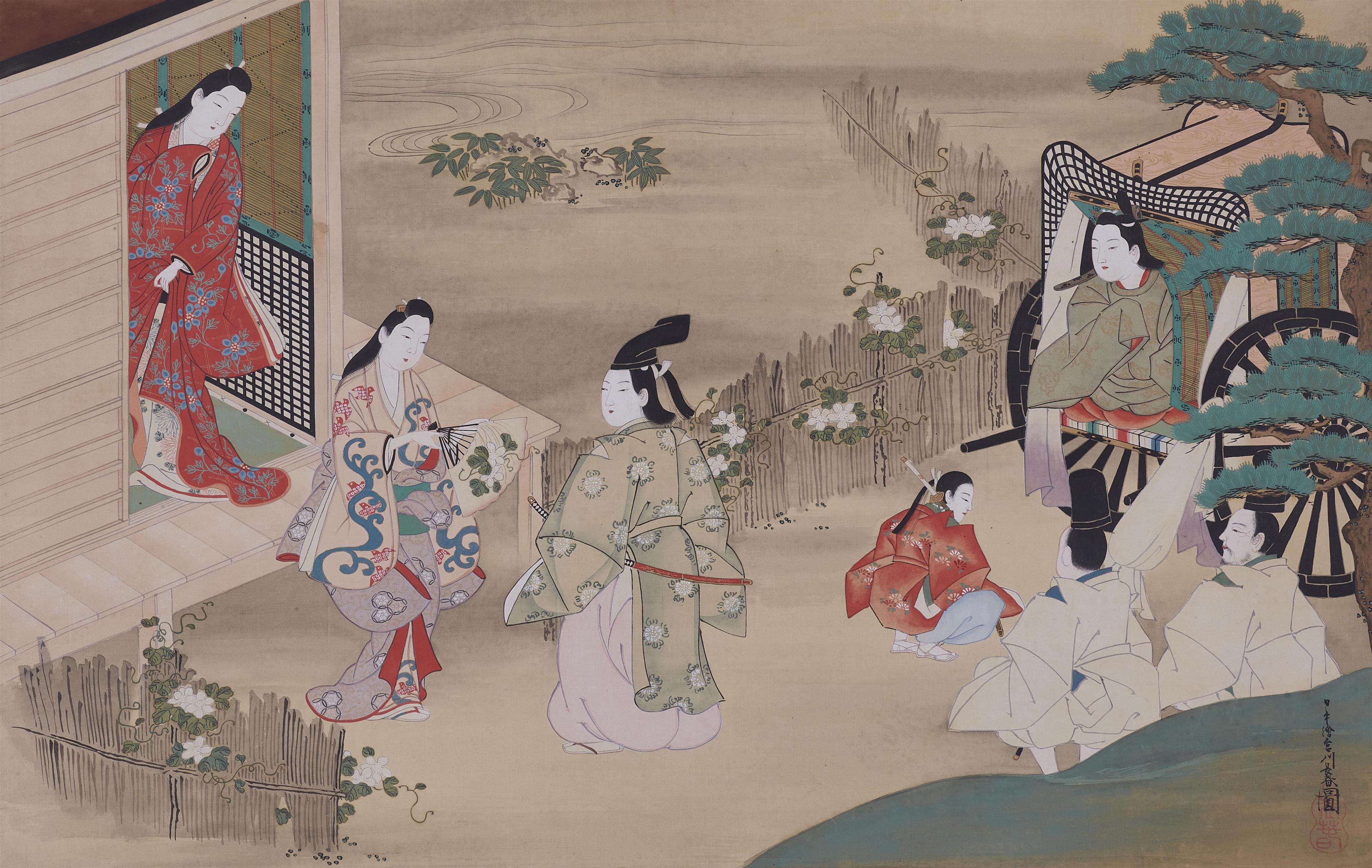 Miyagawa Chôshun, in the manner of - A hanging scroll depicting Prince Genji visiting a lady who offers him a fan, illustration for the 4th chapter "Yugao", of the Genji Monogatari. Ink and colours on silk. Inscrib... - image-2