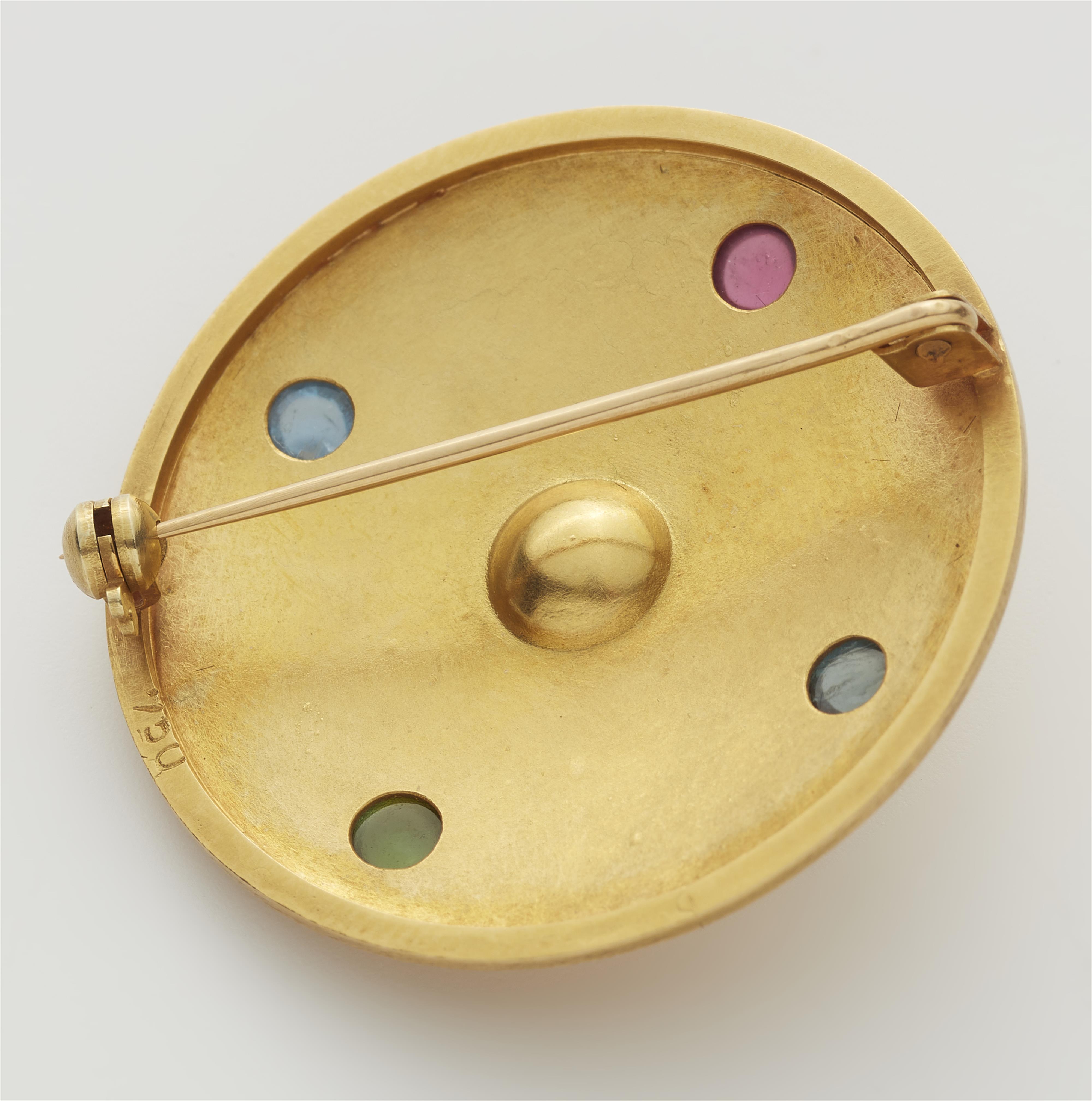 A German 18k gold granulation pearl and coloured tourmaline disc brooch. - image-2