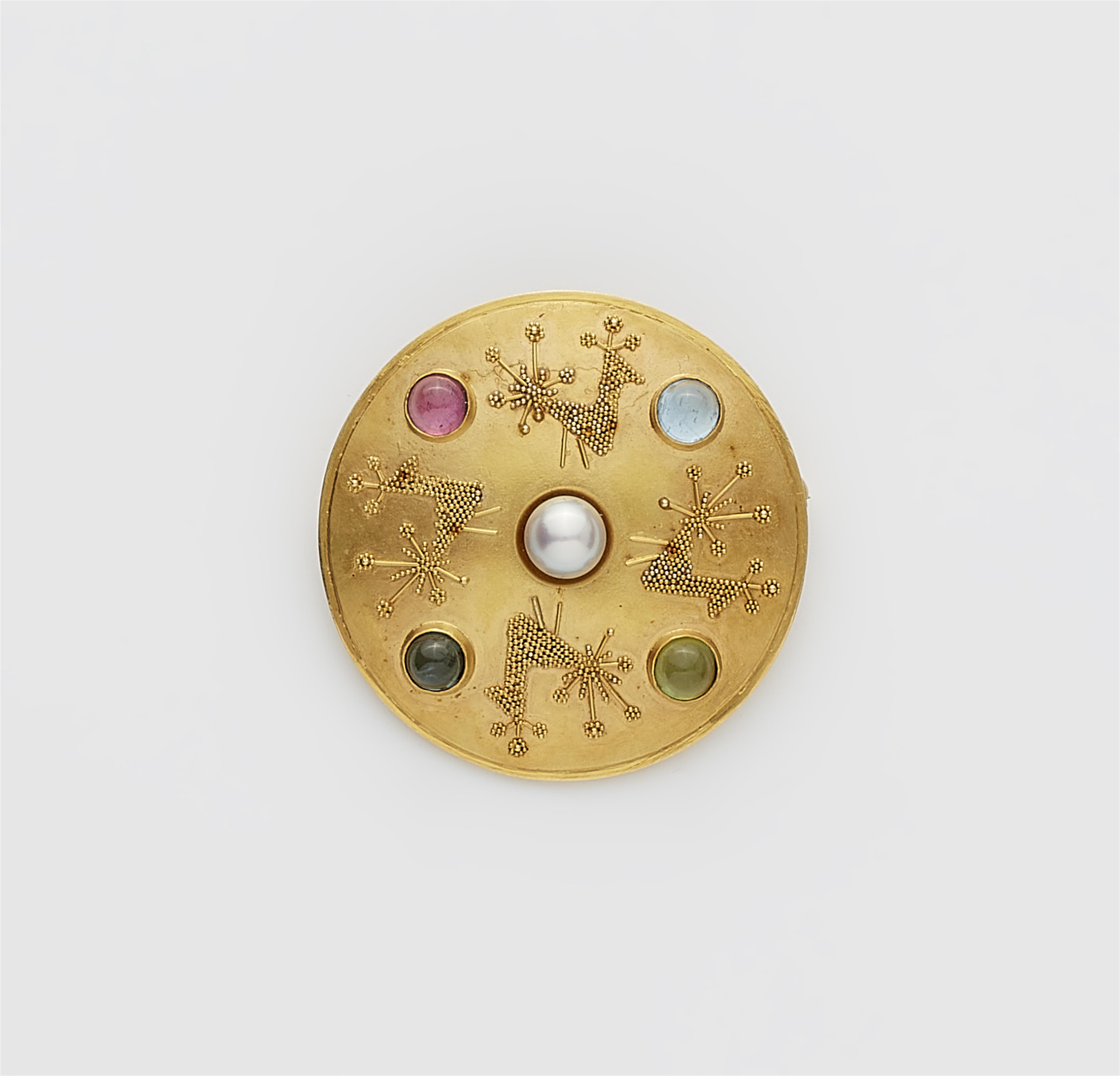 A German 18k gold granulation pearl and coloured tourmaline disc brooch. - image-1