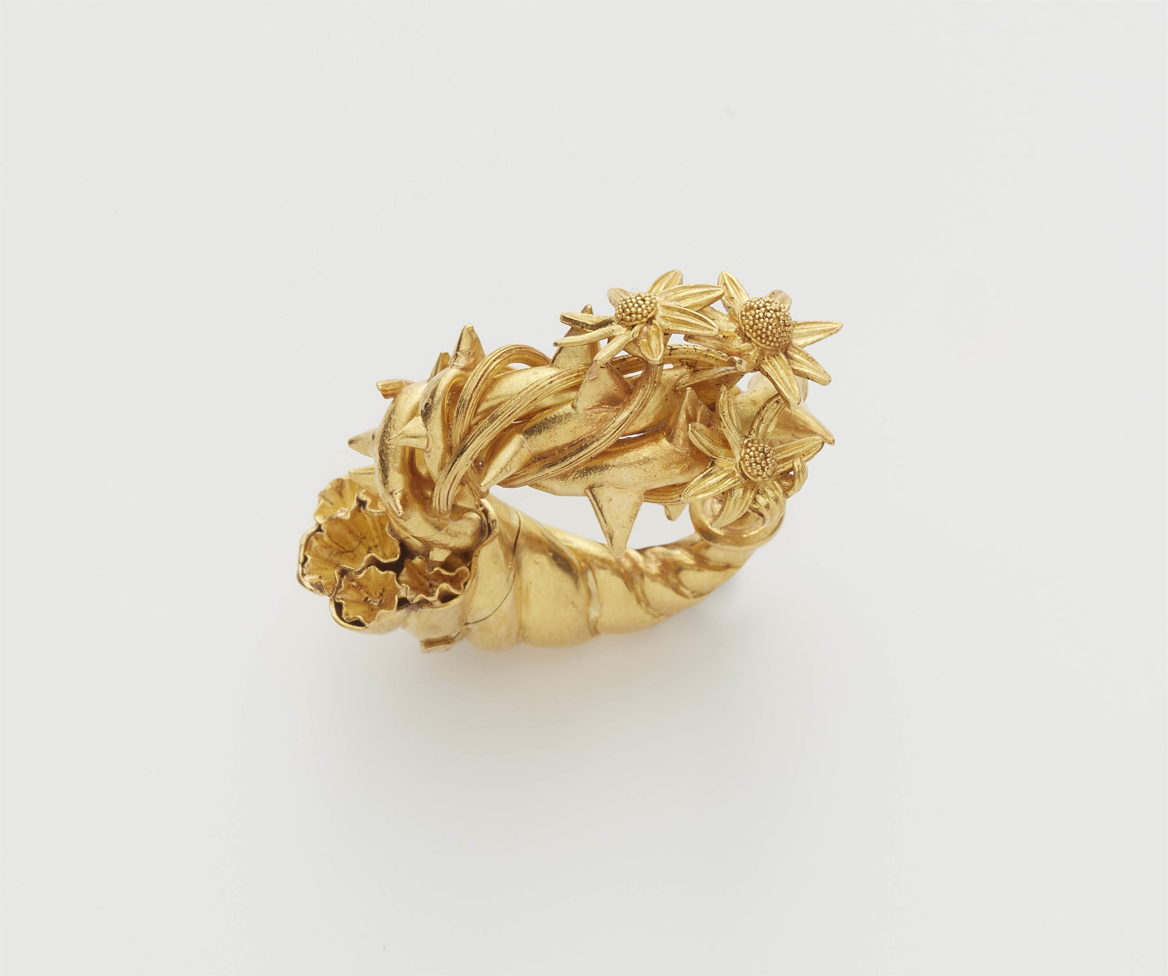 A pair of German 18k gold "cornucopia" hoop earrings. - image-2