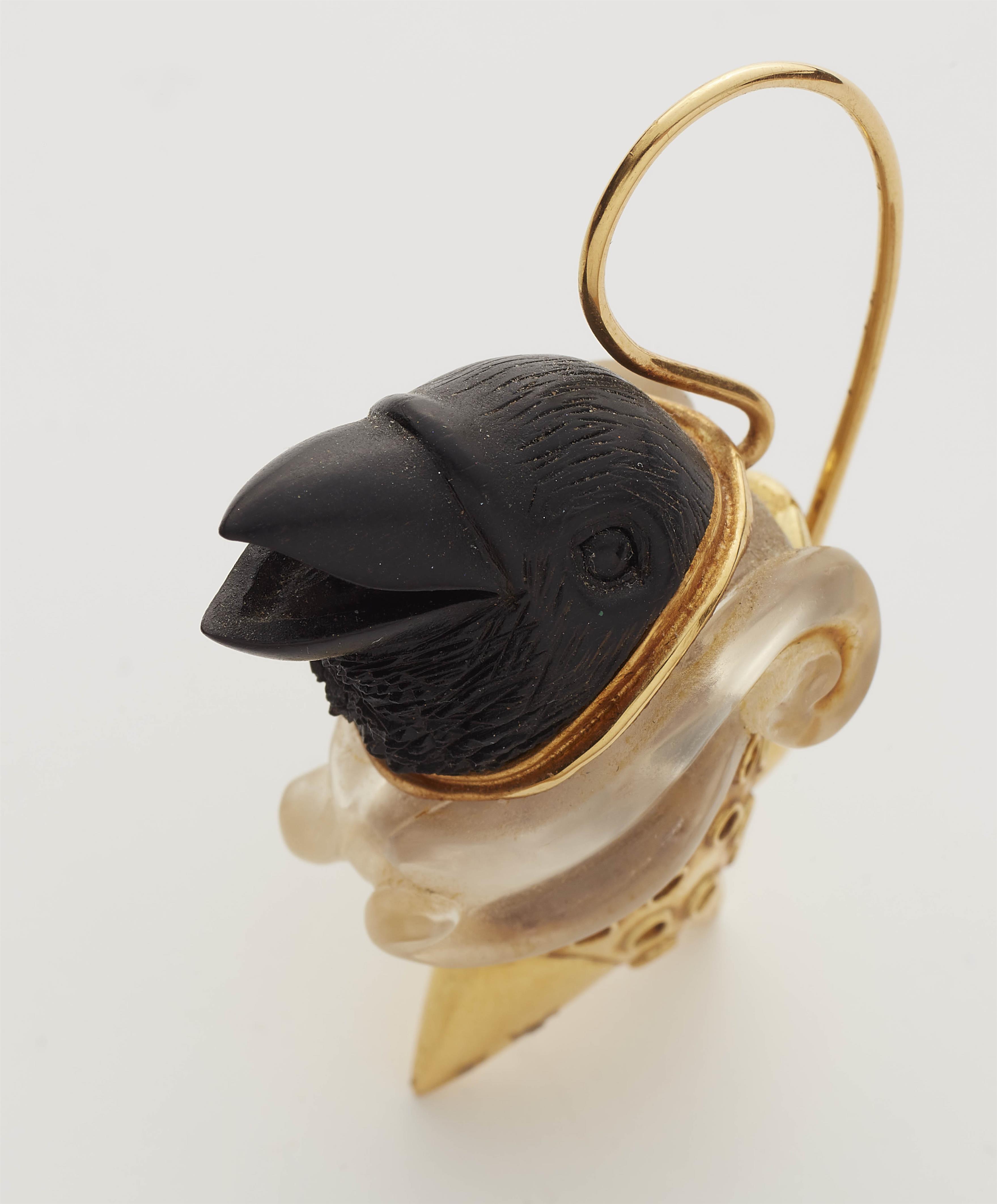 A pair of 18k gold ebony and rock crystal earrings "Ravens in Armor". One of a kind. - image-2