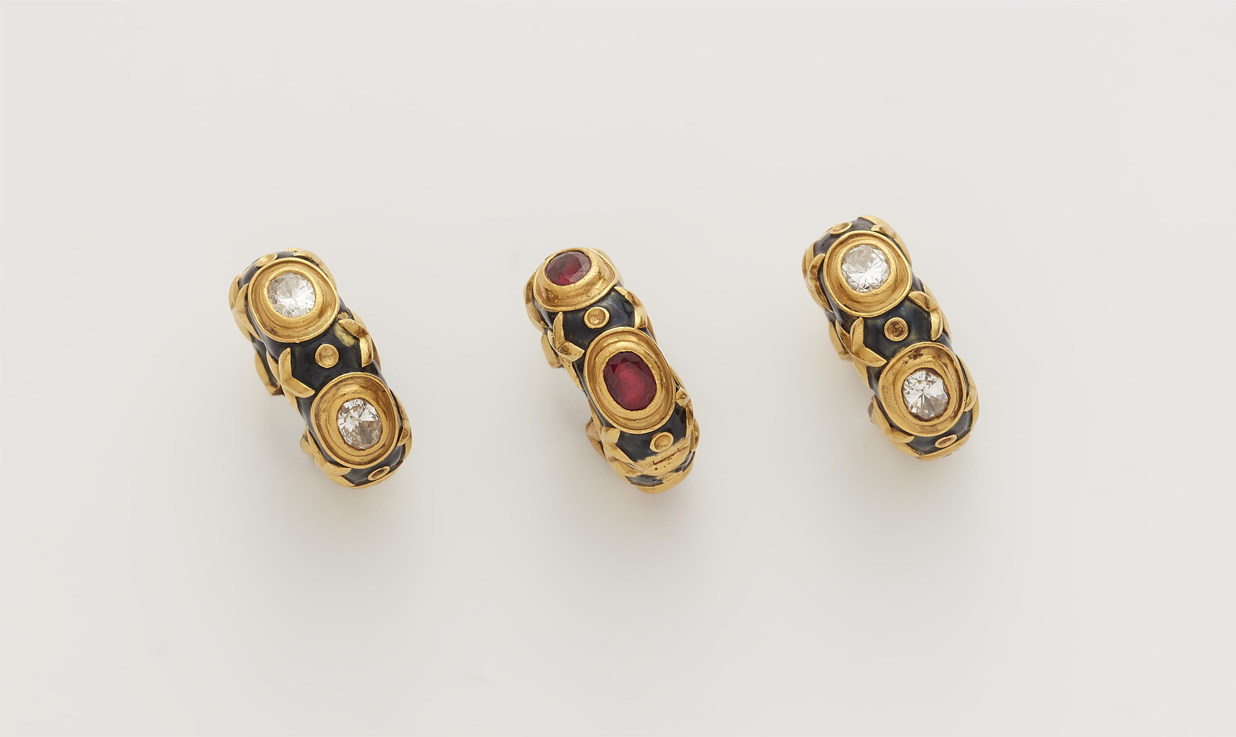 Three optionally combinable 18k gold black enamel diamond resp. ruby hoop earrings. - image-1