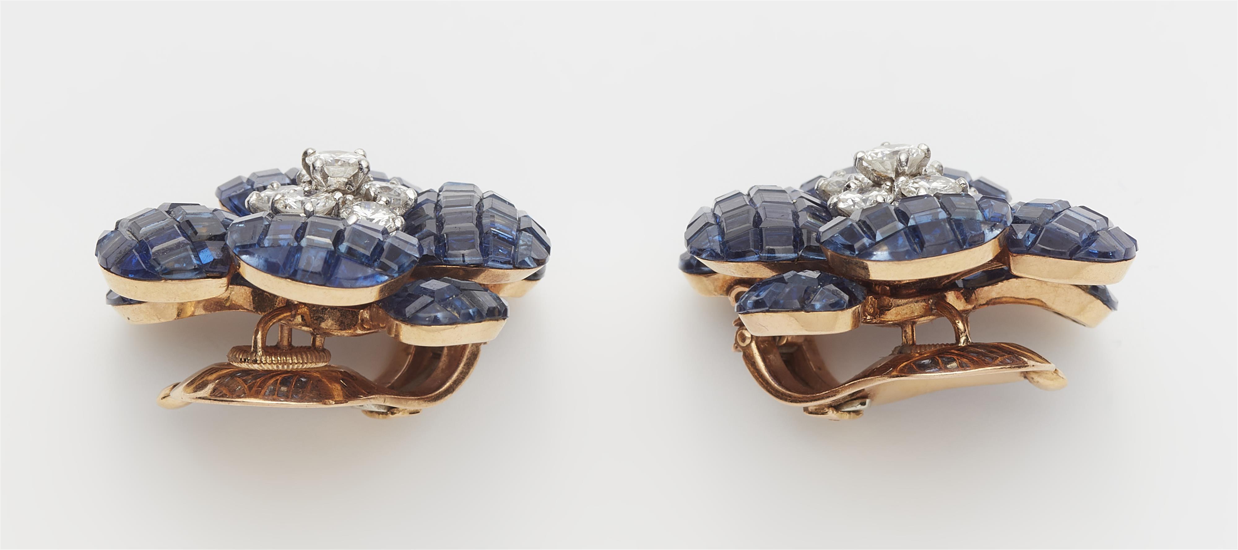 A pair of French 18k yellow gold diamond and mysterious-set sapphire "Pavot" earclips. - image-4