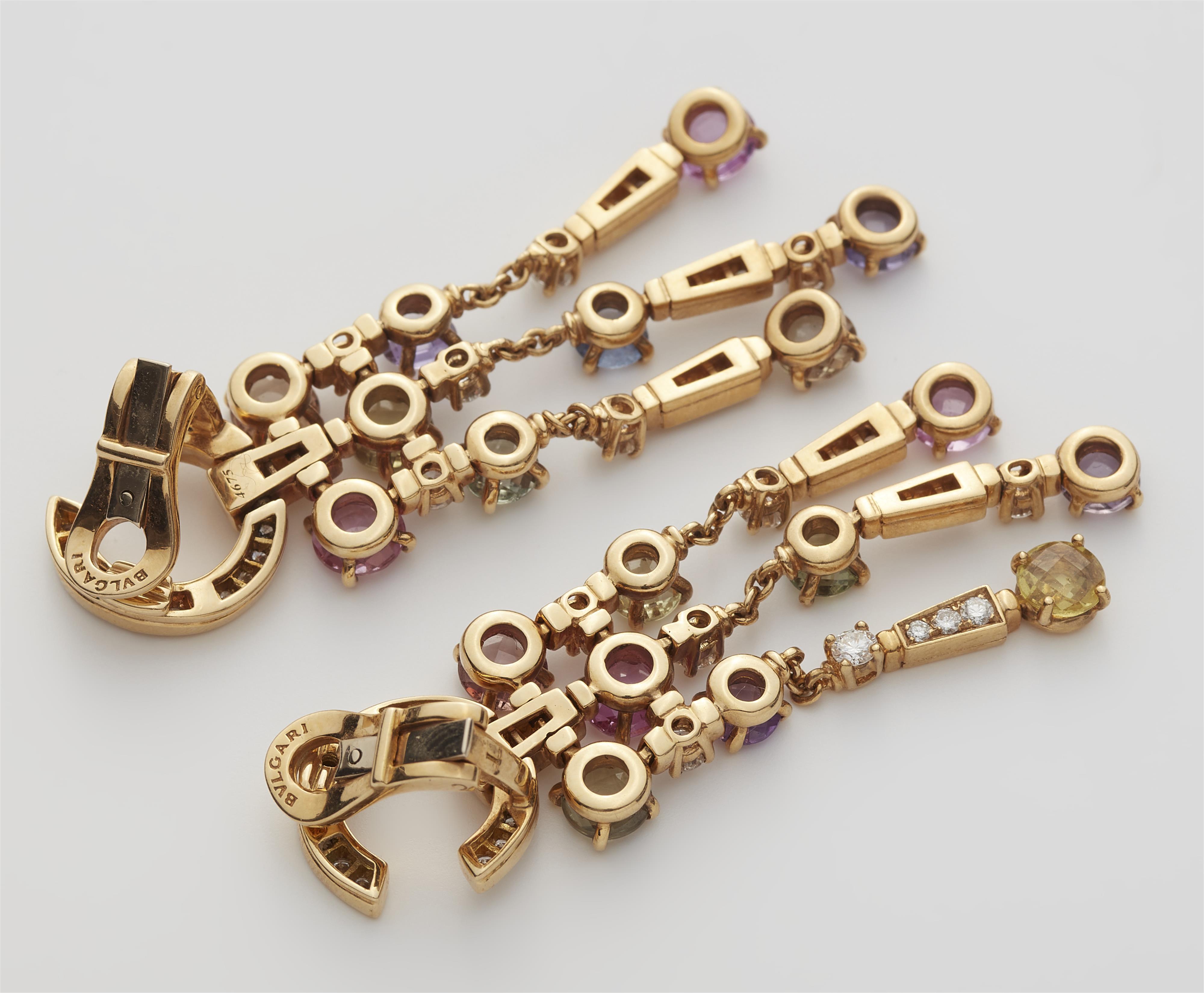 A pair of Italian 18k gold diamond and multicolour sapphire chandelier clip earrings. - image-2