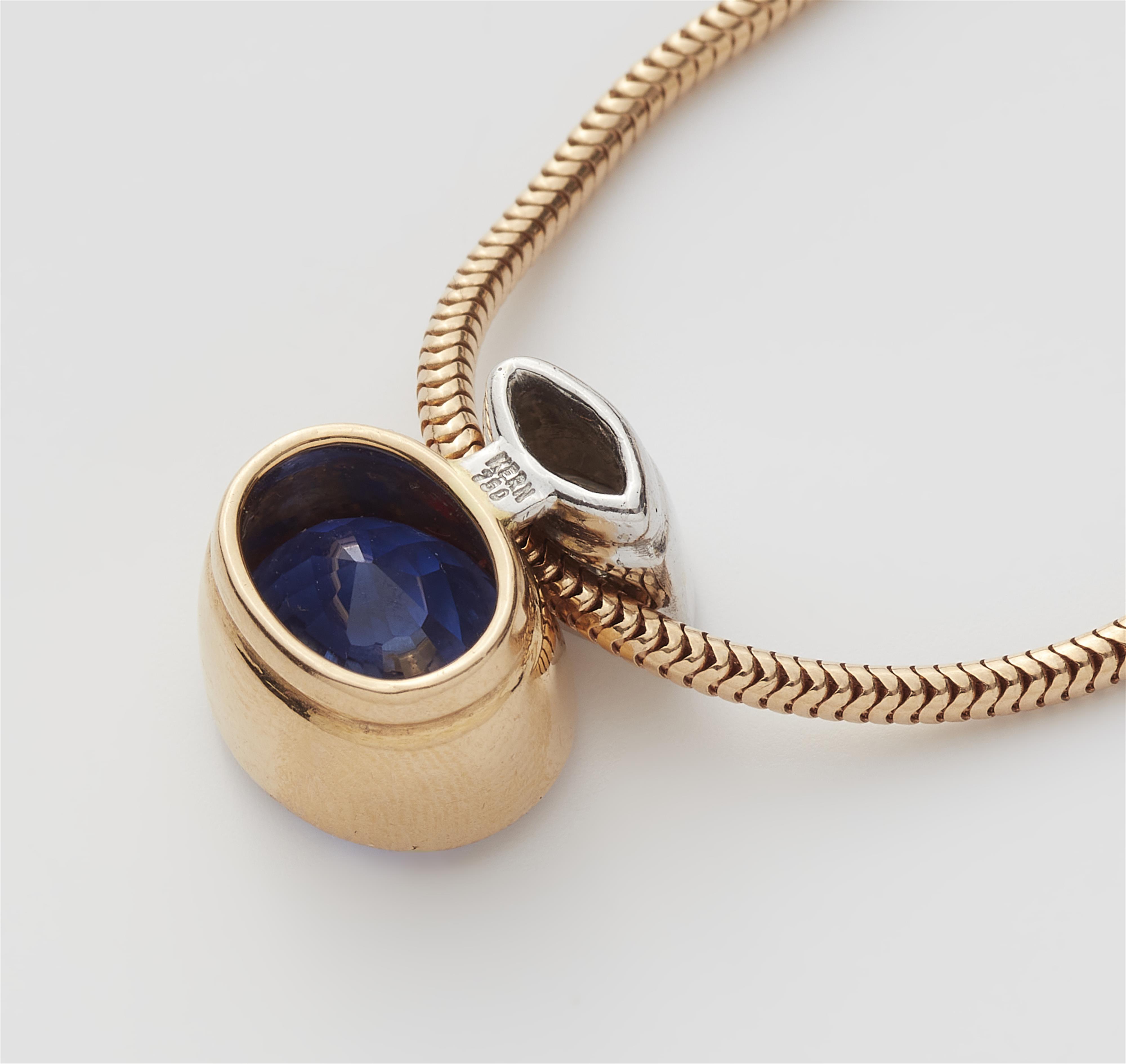 A German 18k gold navette-cut diamond and natural sapphire pendant with a rose gold necklace. - image-2