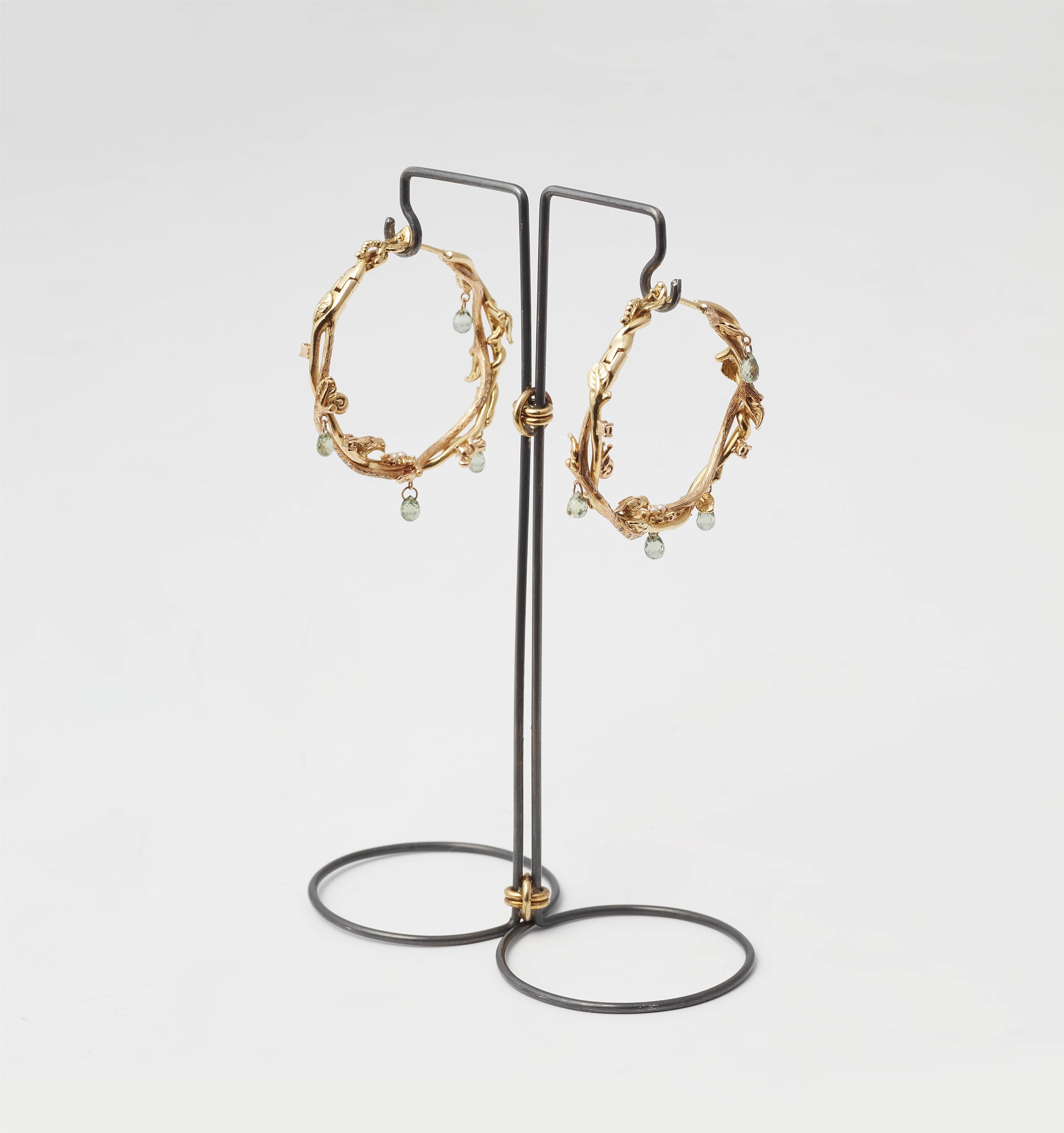 A pair of Dutch 18k yellow gold diamond and pearl "Vieri" hoop earrings with briolette-cut green sapphire droplets. - image-1