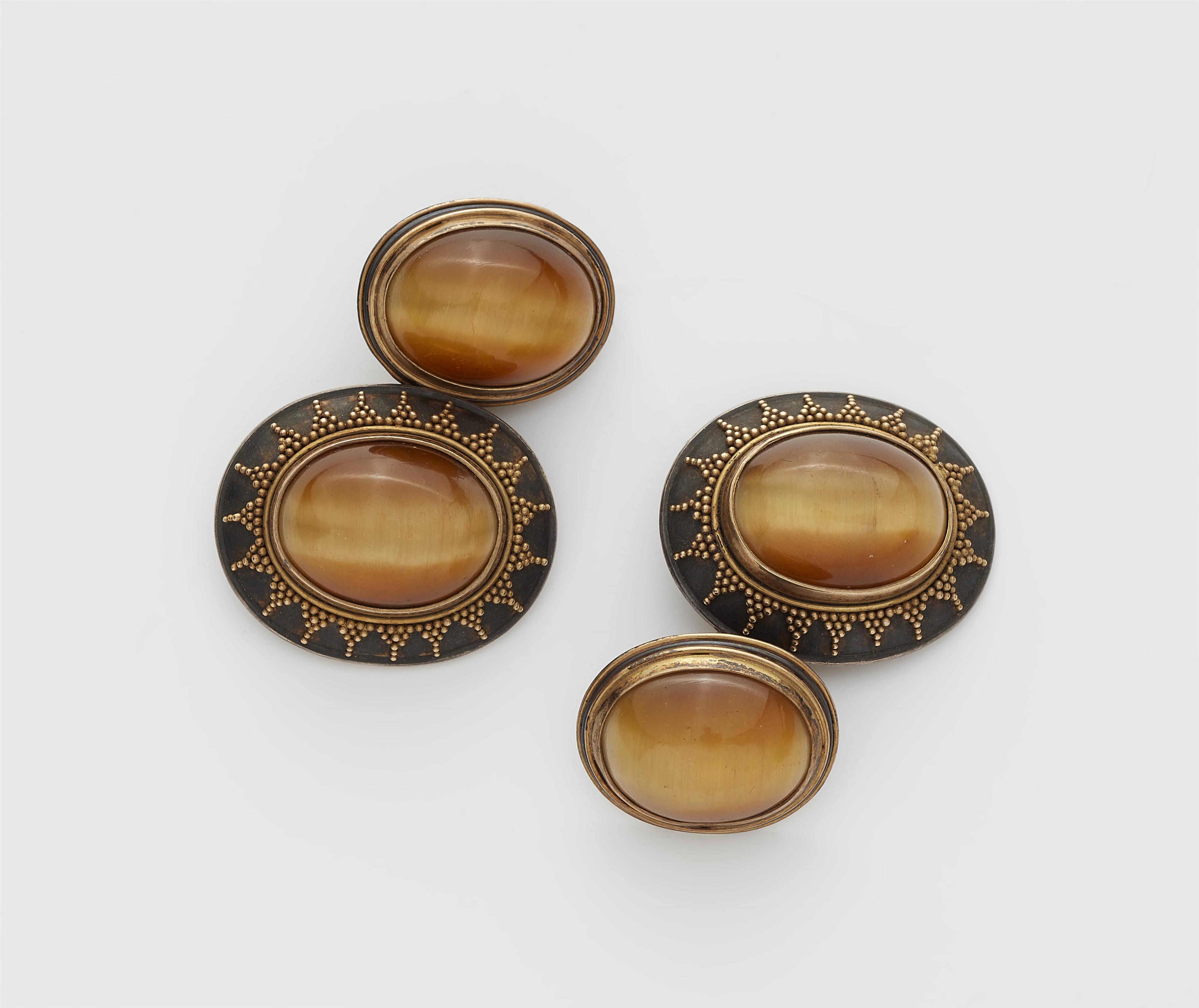 A pair of German oxydised silver 14k gold granulation and tiger's eye cufflinks. - image-1