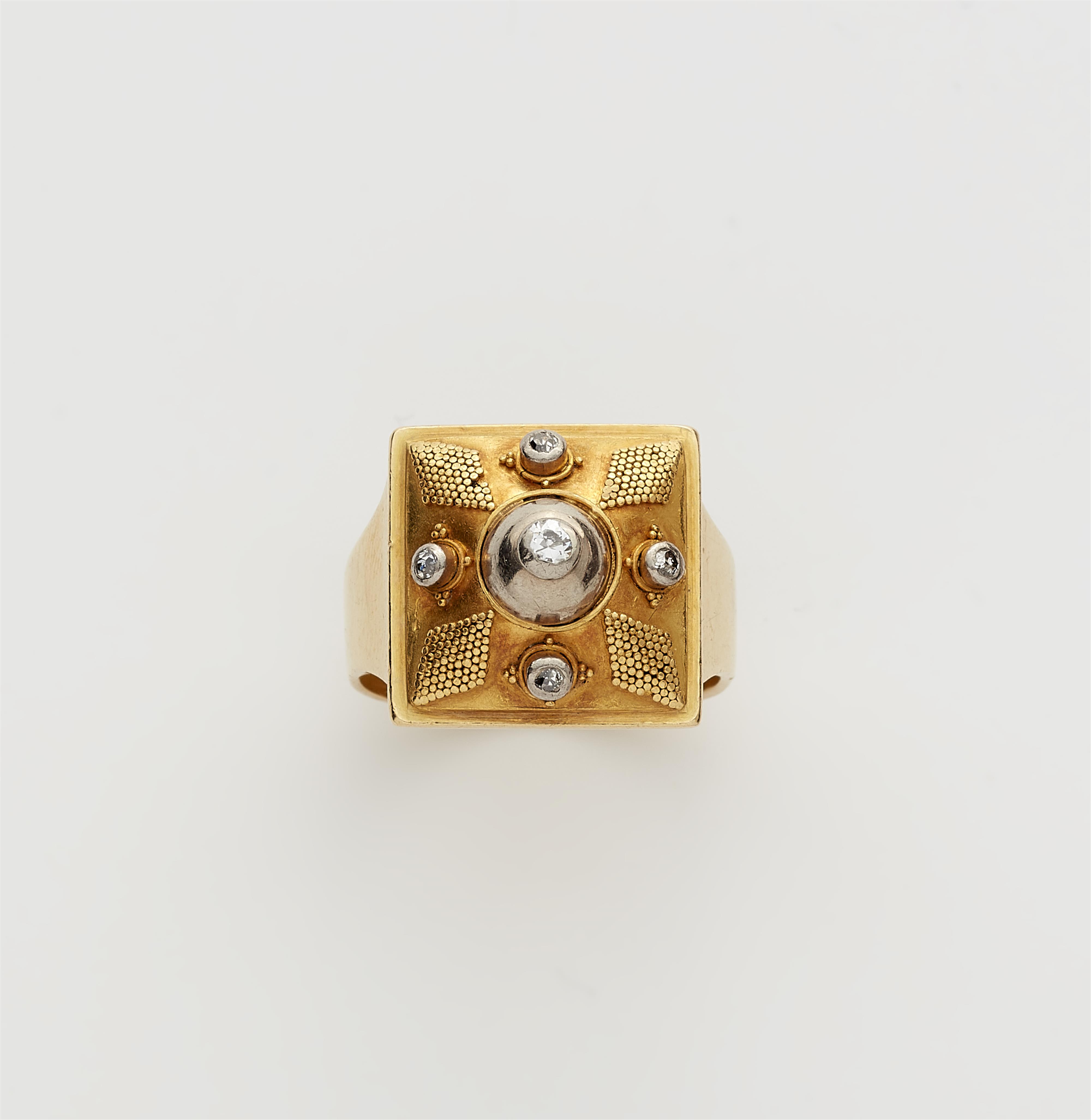 A German 14k gold granulation and old-cut diamond bar brooch and ring. - image-3