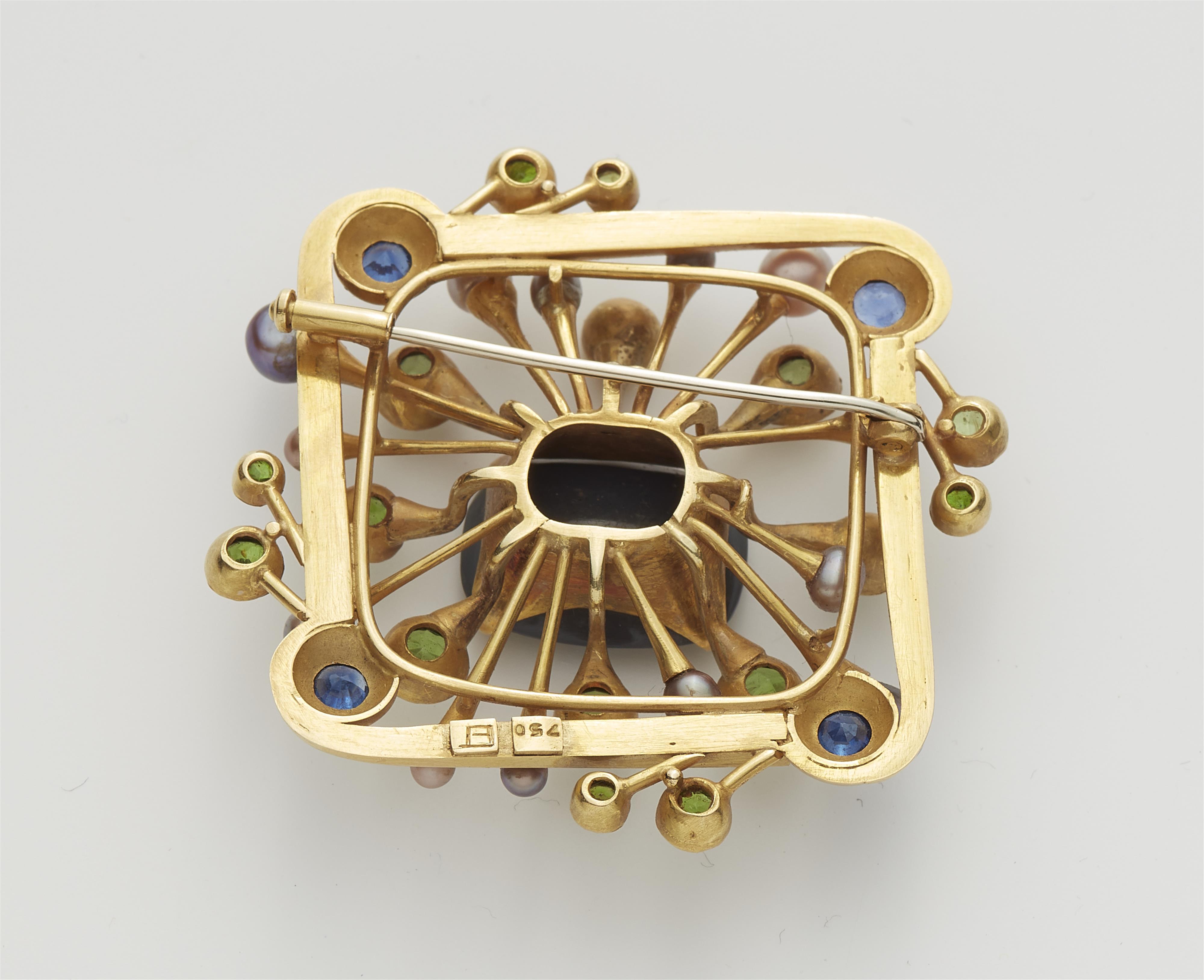 A German 18k gold, black opal, demantoid, blue sapphire and pearl brooch. - image-2