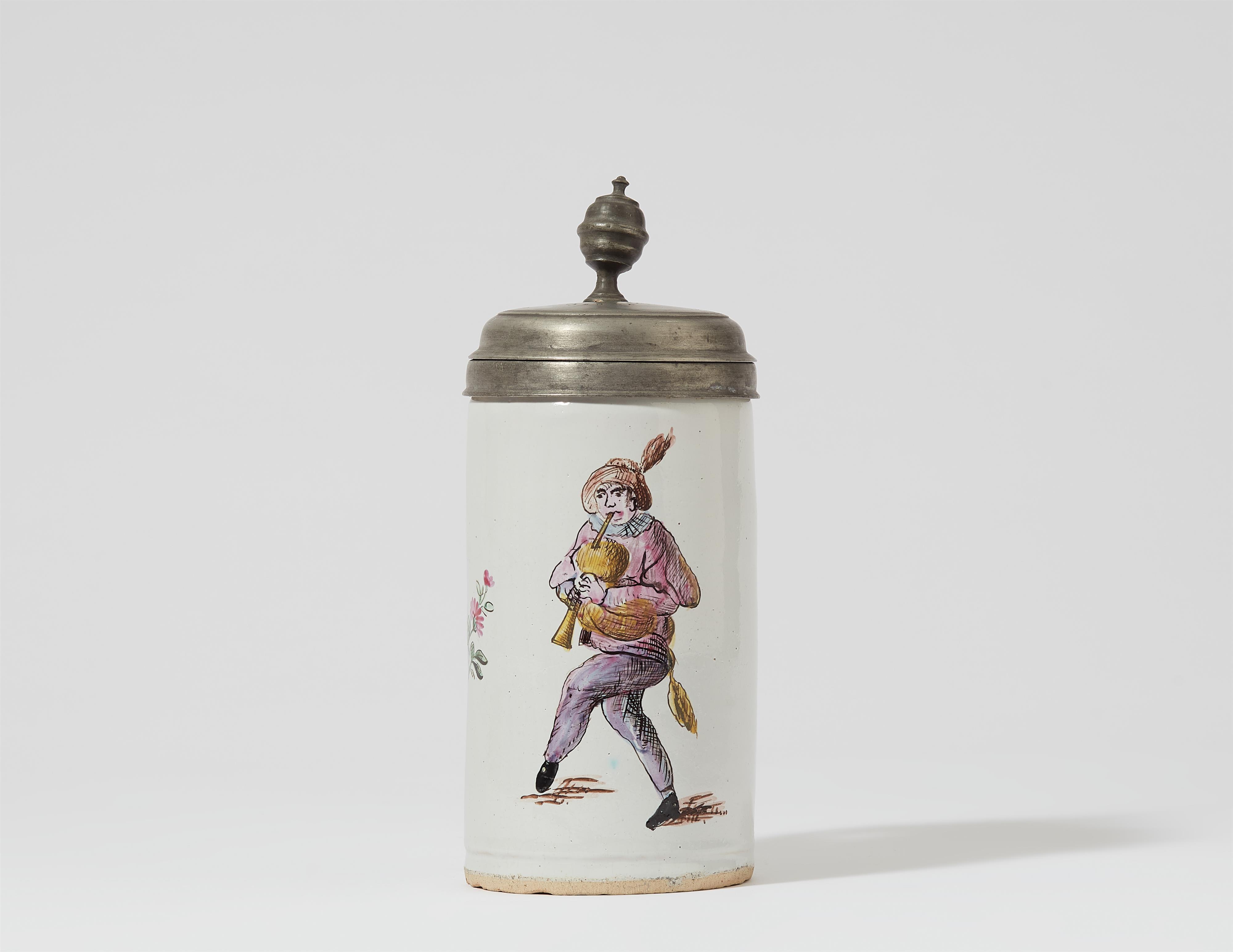 A pewter mounted Prószków faience jug with a musician (bagpipes) - image-1