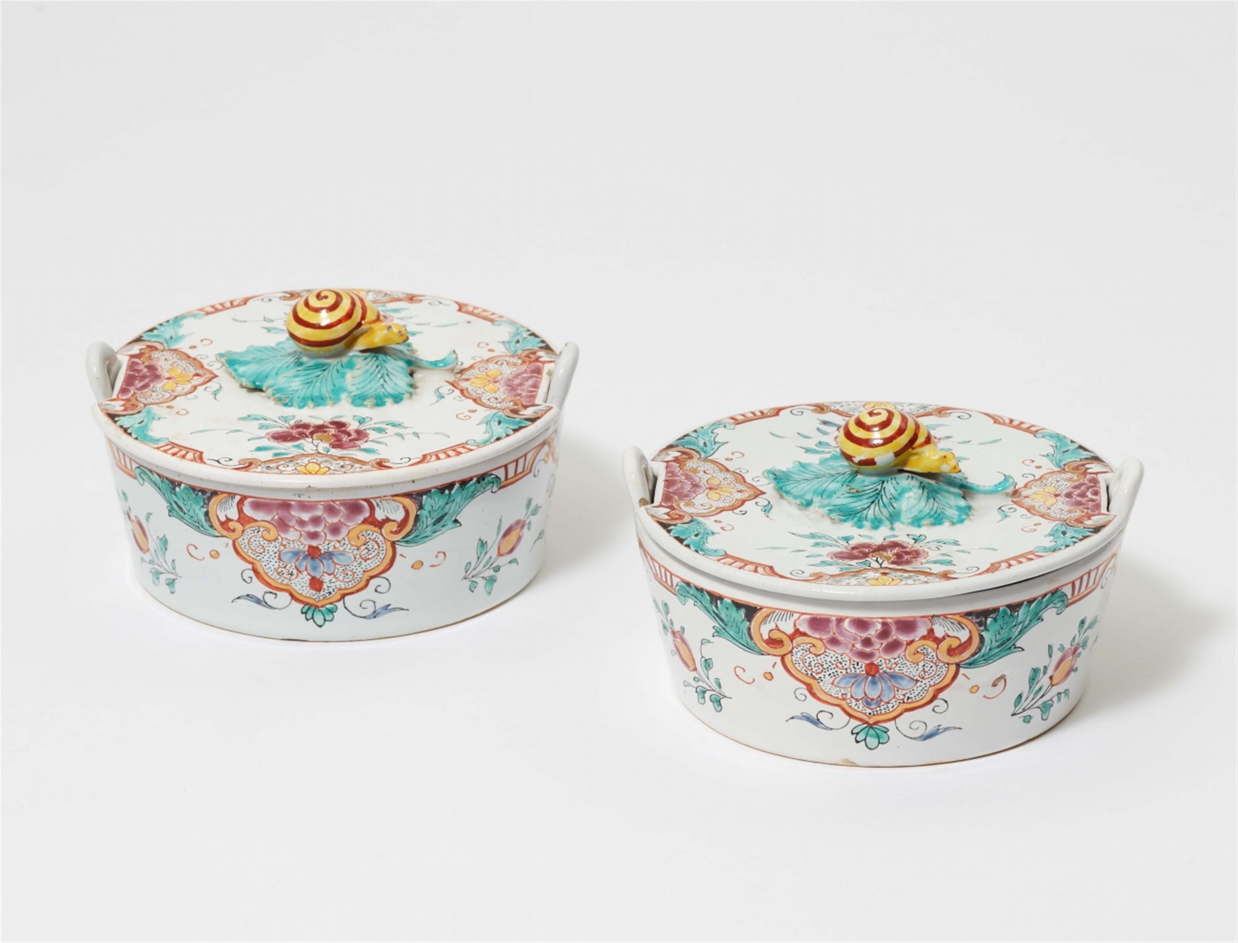 A pair of Dutch Delft faience "petit feu" butter dishes - image-1