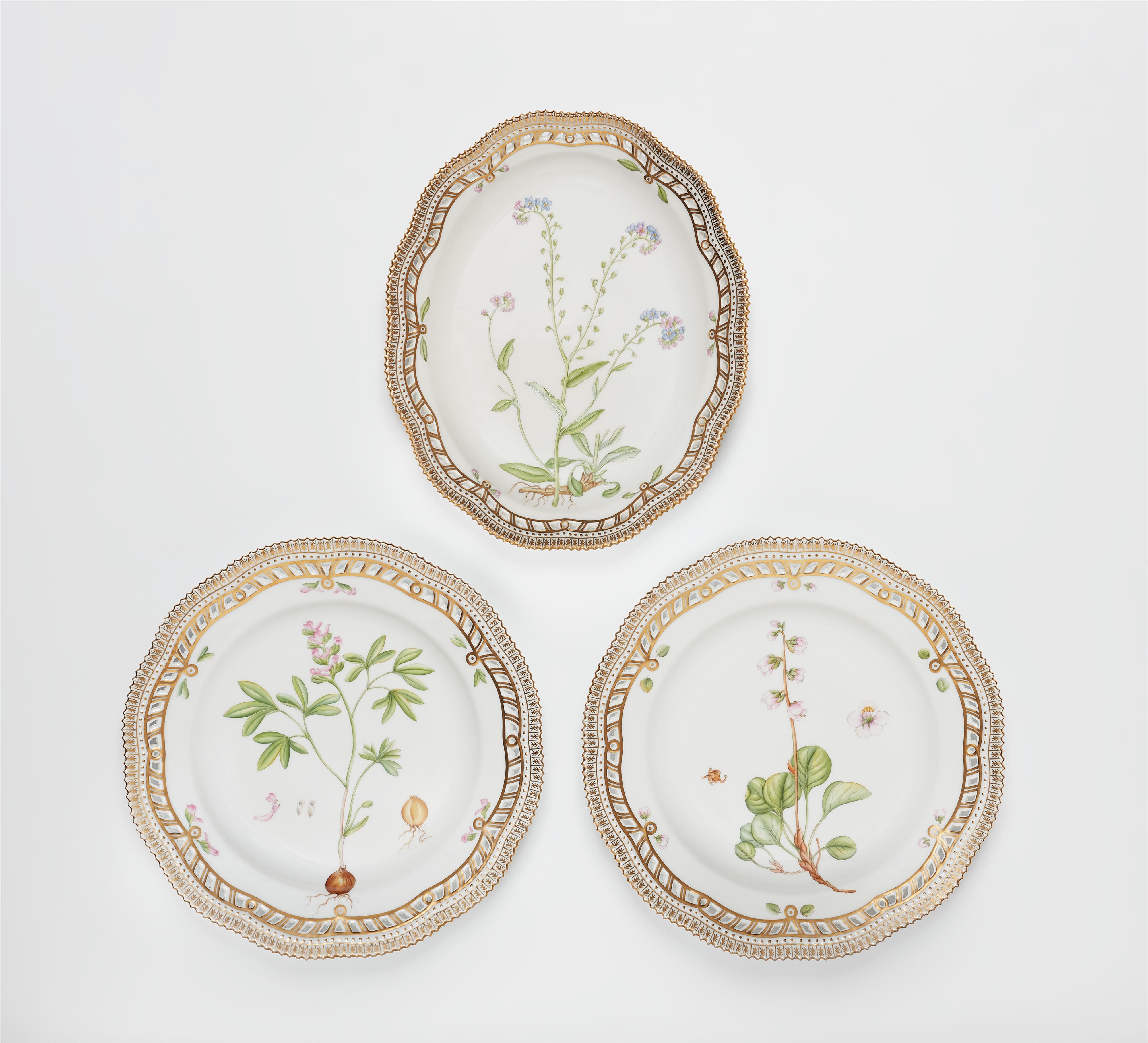 Three Royal Copenhagen Flora Danica serving platters with pierced rims - image-1