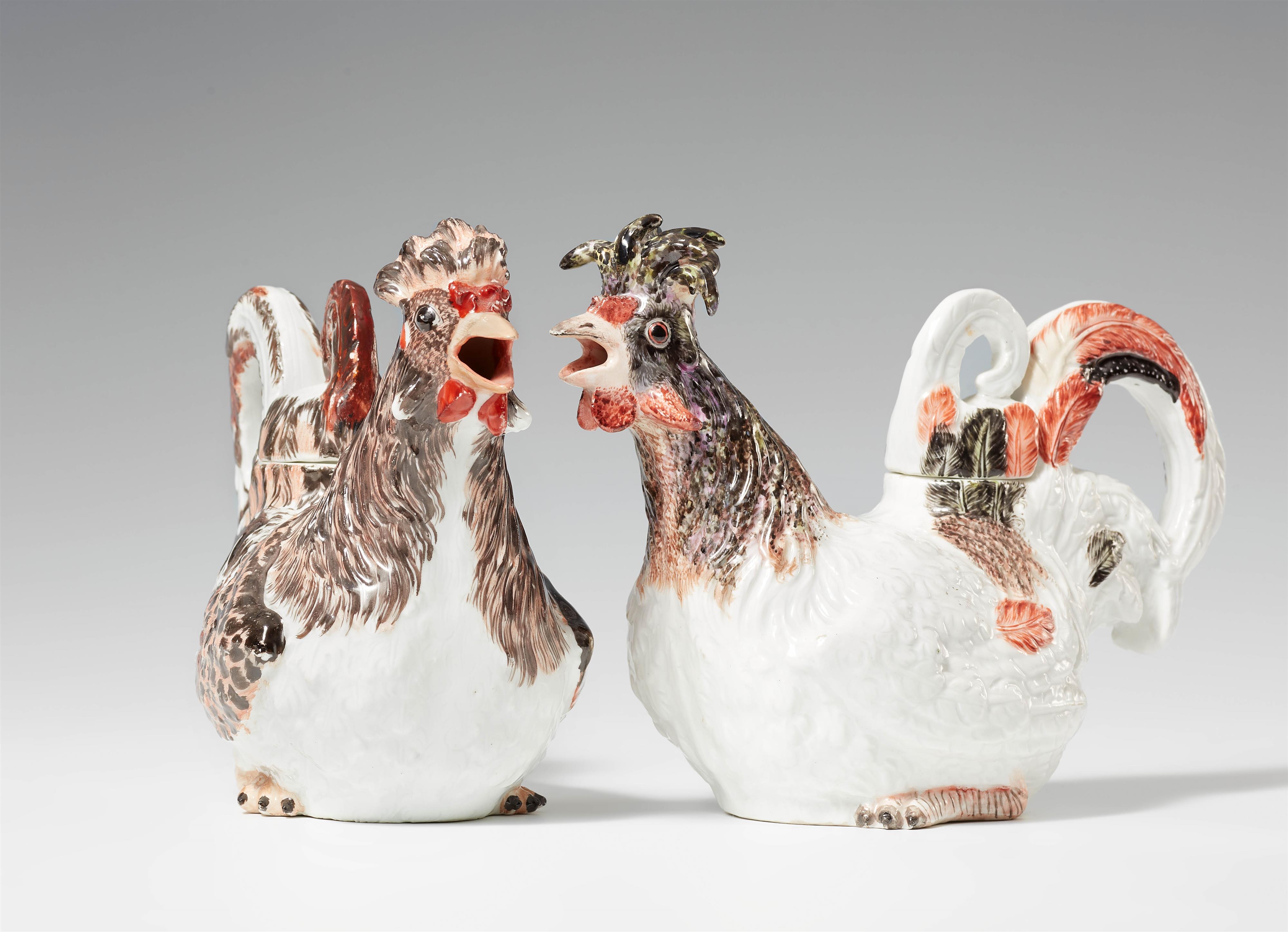 A rare pair of Meissen porcelain chicken jugs - image-1
