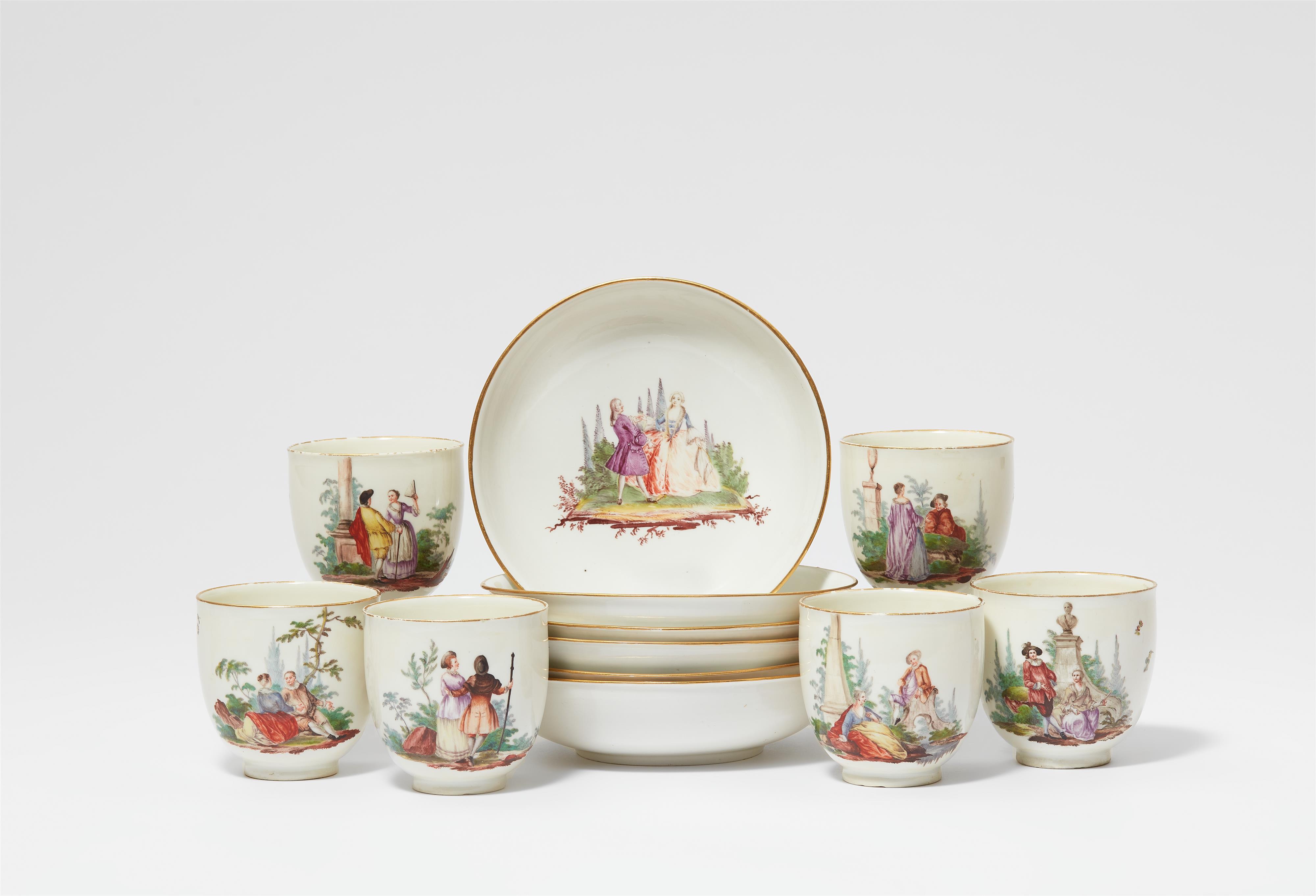 Six porcelain cups and saucers with courtship scenes - image-1
