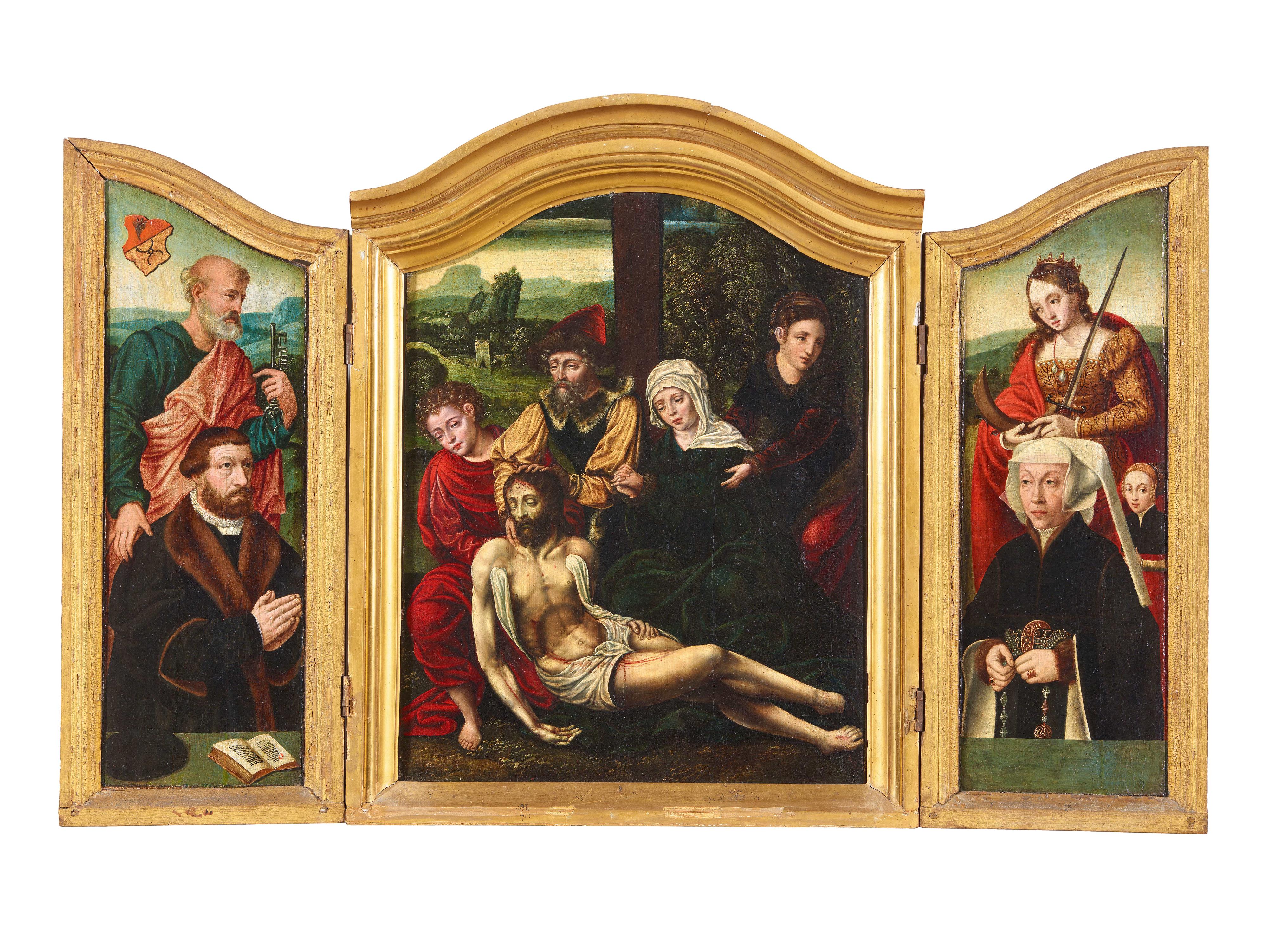 Antwerpener Meister
Bartholomäus Bruyn d. Ä., Werkstatt - Flämisches Triptychon mit der Beweinung Christi und Kölner Stifterbildnissen - image-1