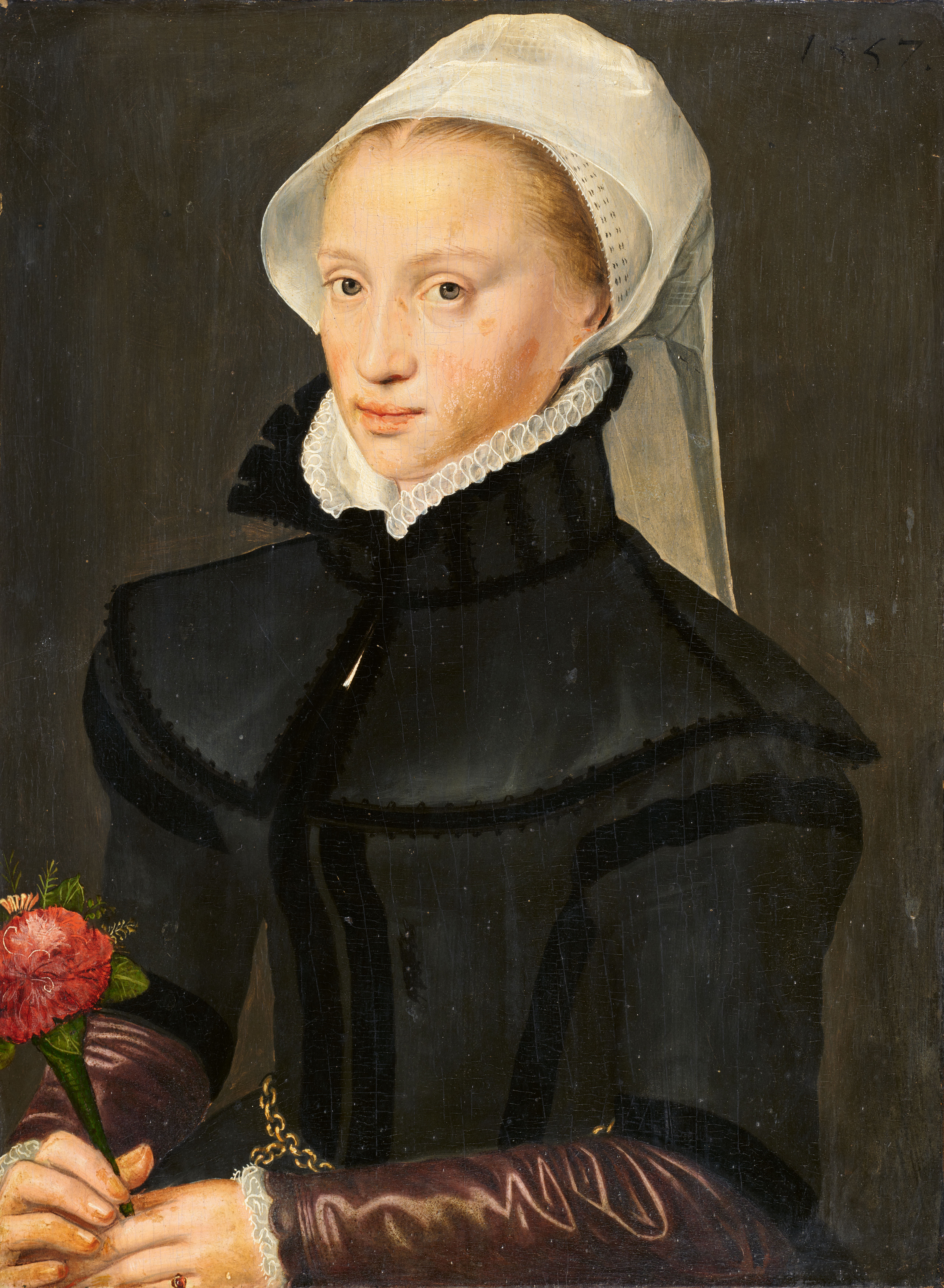 Flämischer Meister des 16. Jahrhunderts - Bildnis einer jungen Frau mit Nelke - image-1