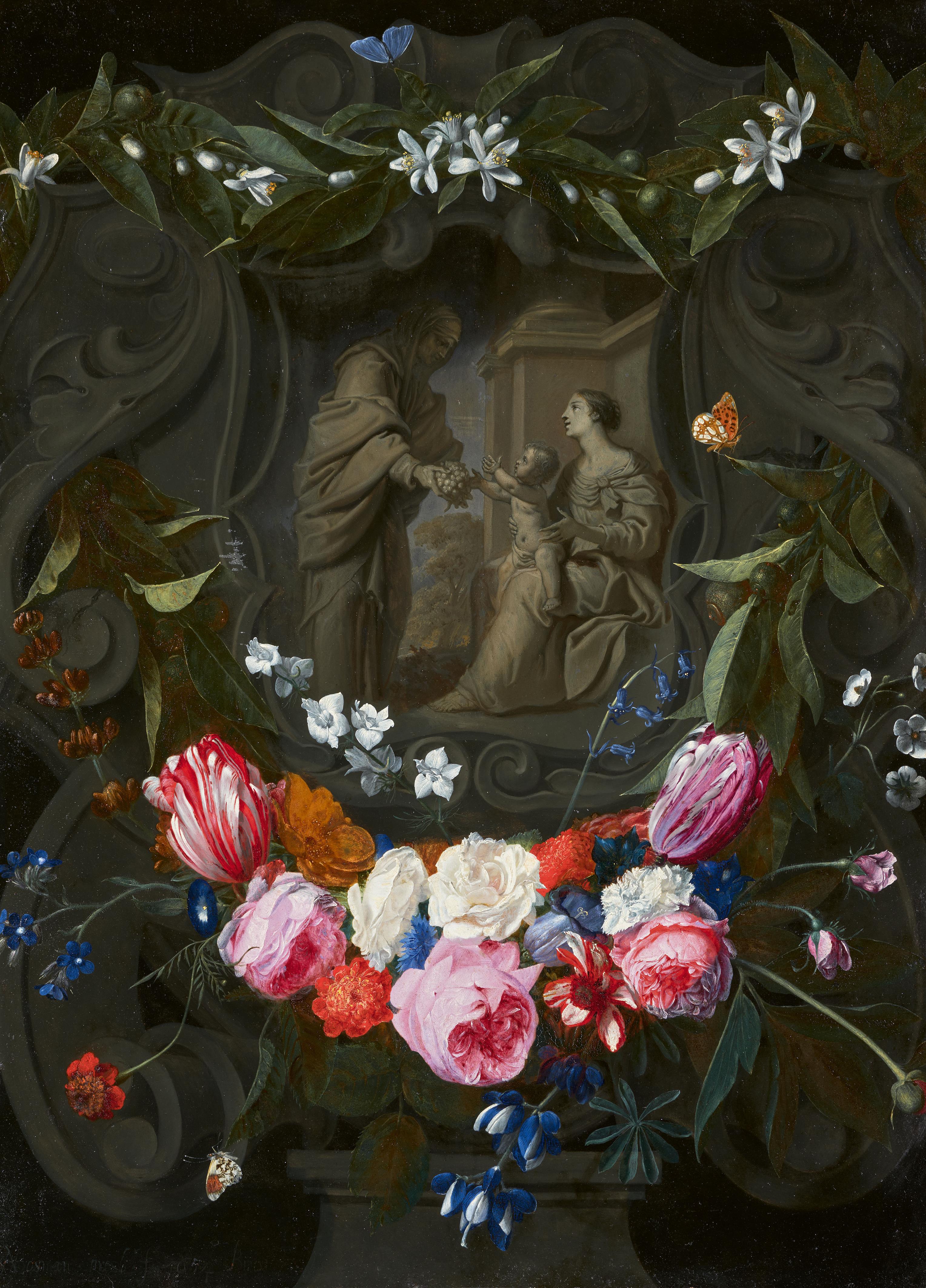 André Bosman - Die Hl. Anna überreicht Trauben an Maria mit dem Kind. Grisaillemalerei in einer Kartusche umgeben von Blumengirlanden - image-1