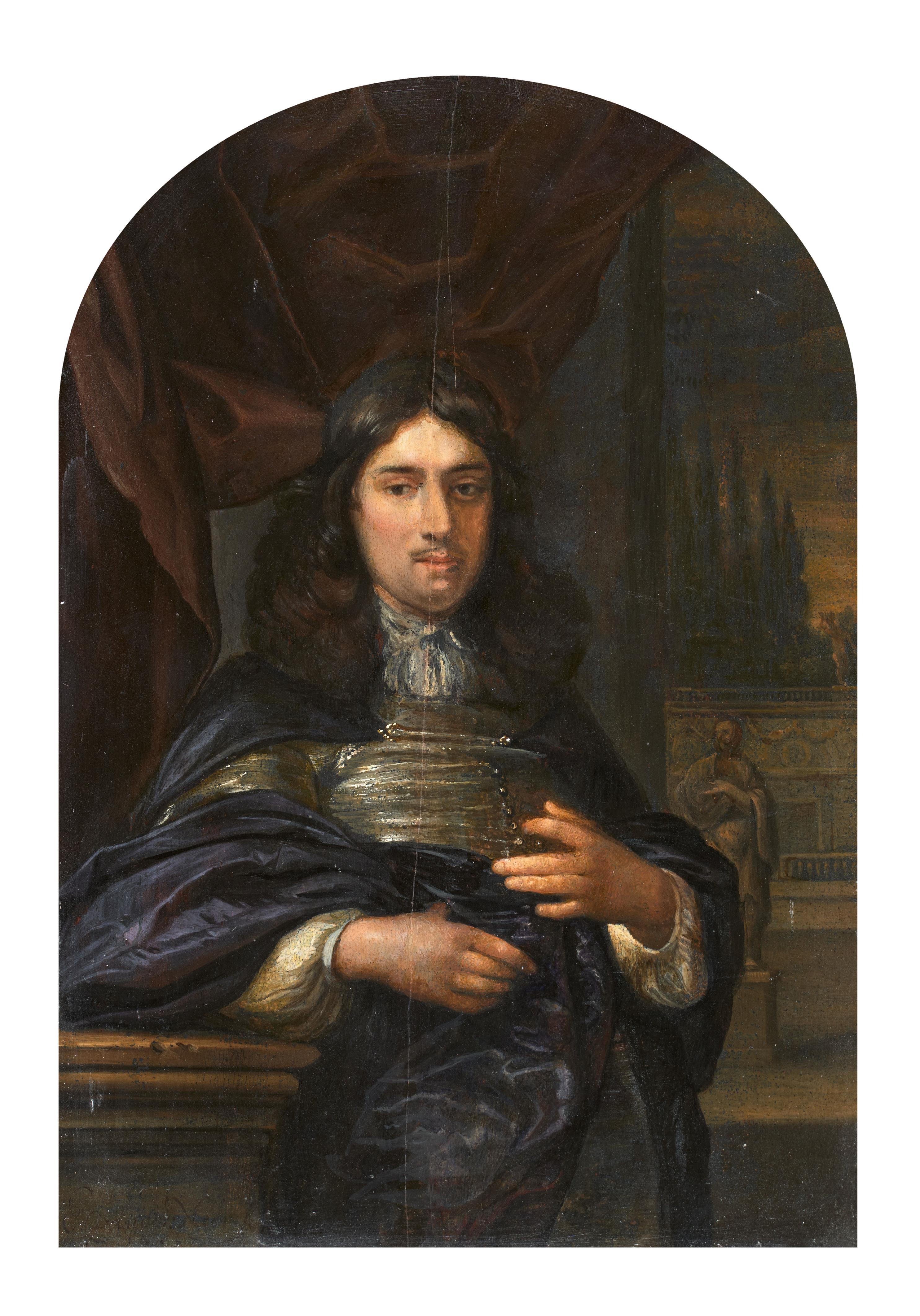 Eglon van der Neer - Portrait of a Man leaning on a Balustrade in a dark blue Cloak before a red Curtain with a Garden with Statues in the Background - image-1