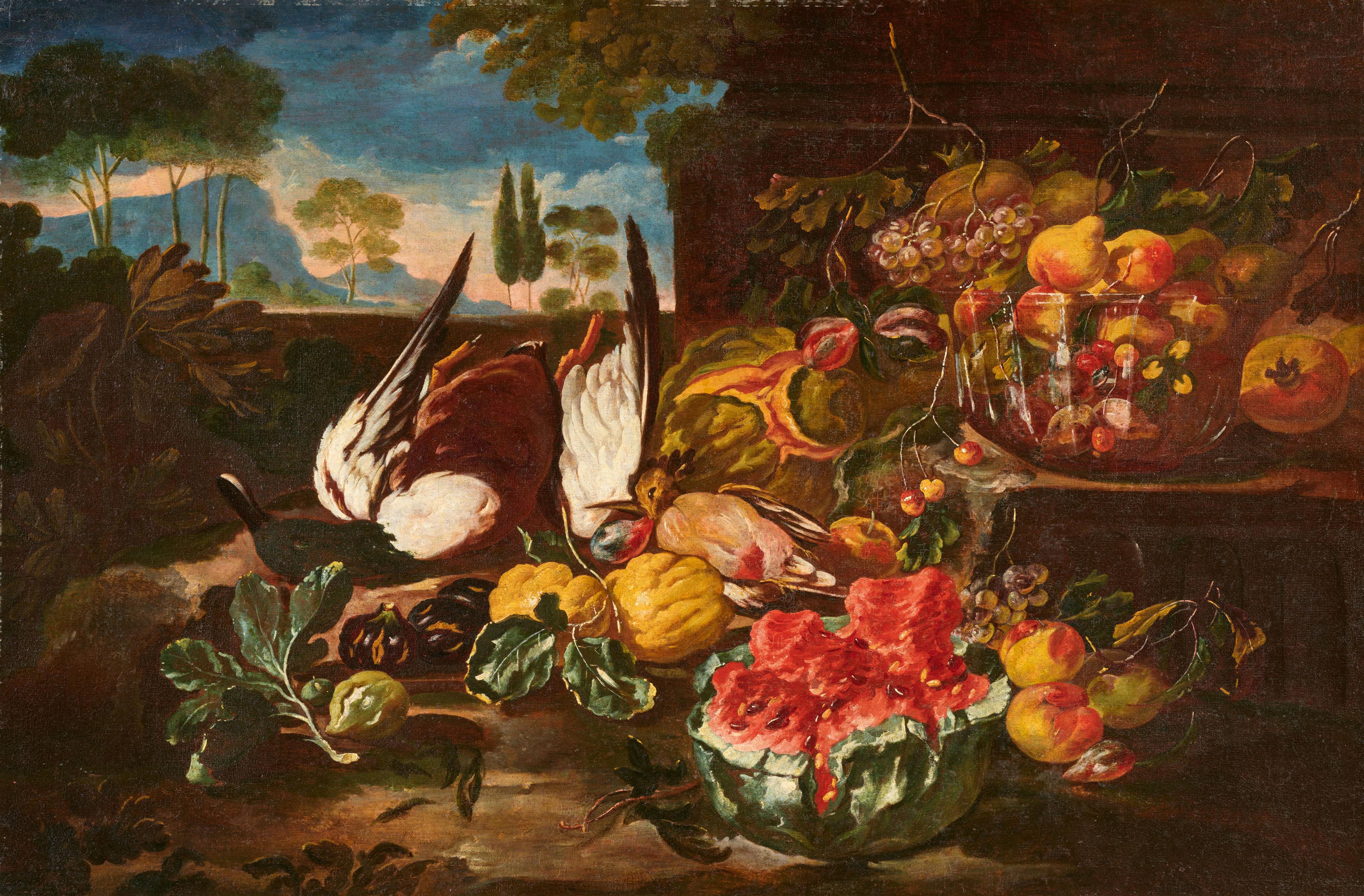 Giovanni Paolo Castelli, gen. Lo Spadino - Stillleben mit Wassermelone, Zitrusfrüchten, Feigen, Granatäpfeln, Kürbissen, Kirschen und weiteren Früchten sowie Blumen, auf einem Sims vor einer Landschaft - image-1