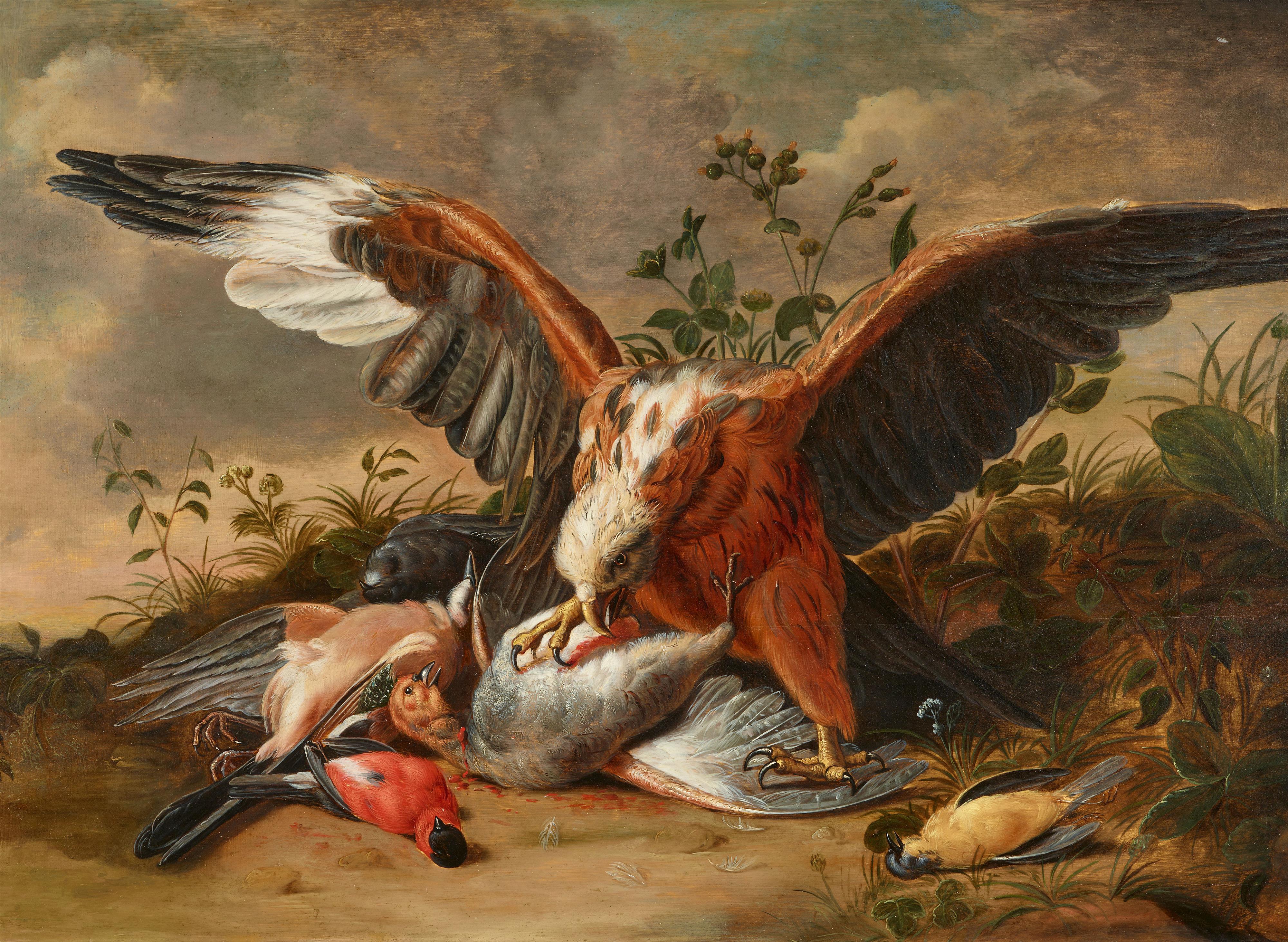 Vermoelen Jacob Xavier - A hawk with his quarry: a Flemish jay, a male and a female bullfinch, and a grey partridge in a landscape with thistles and other wildflowers - image-1