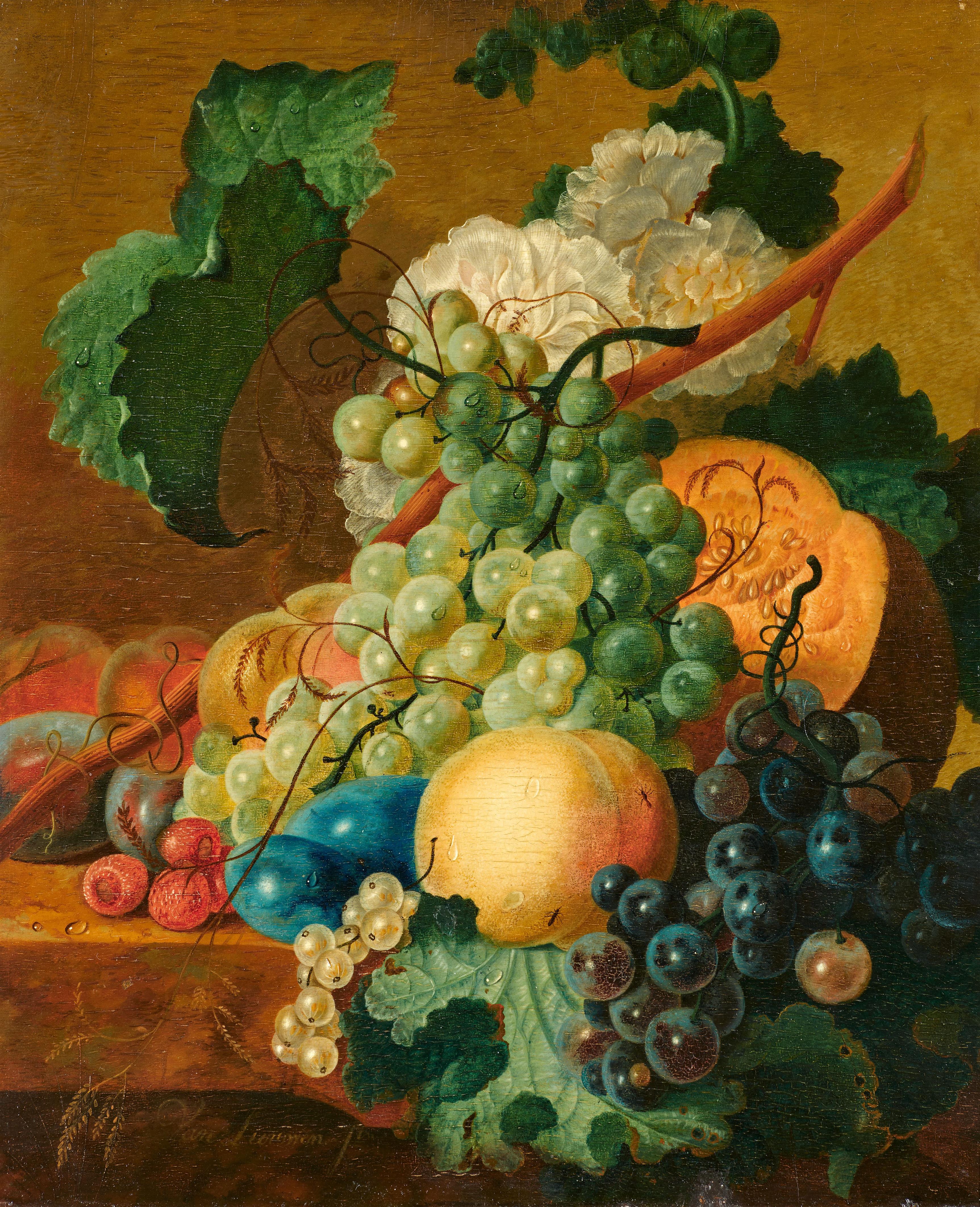 Gerrit Johan van Leeuwen - Stillleben mit Früchten und Blumen auf einer Steinplinthe - image-1