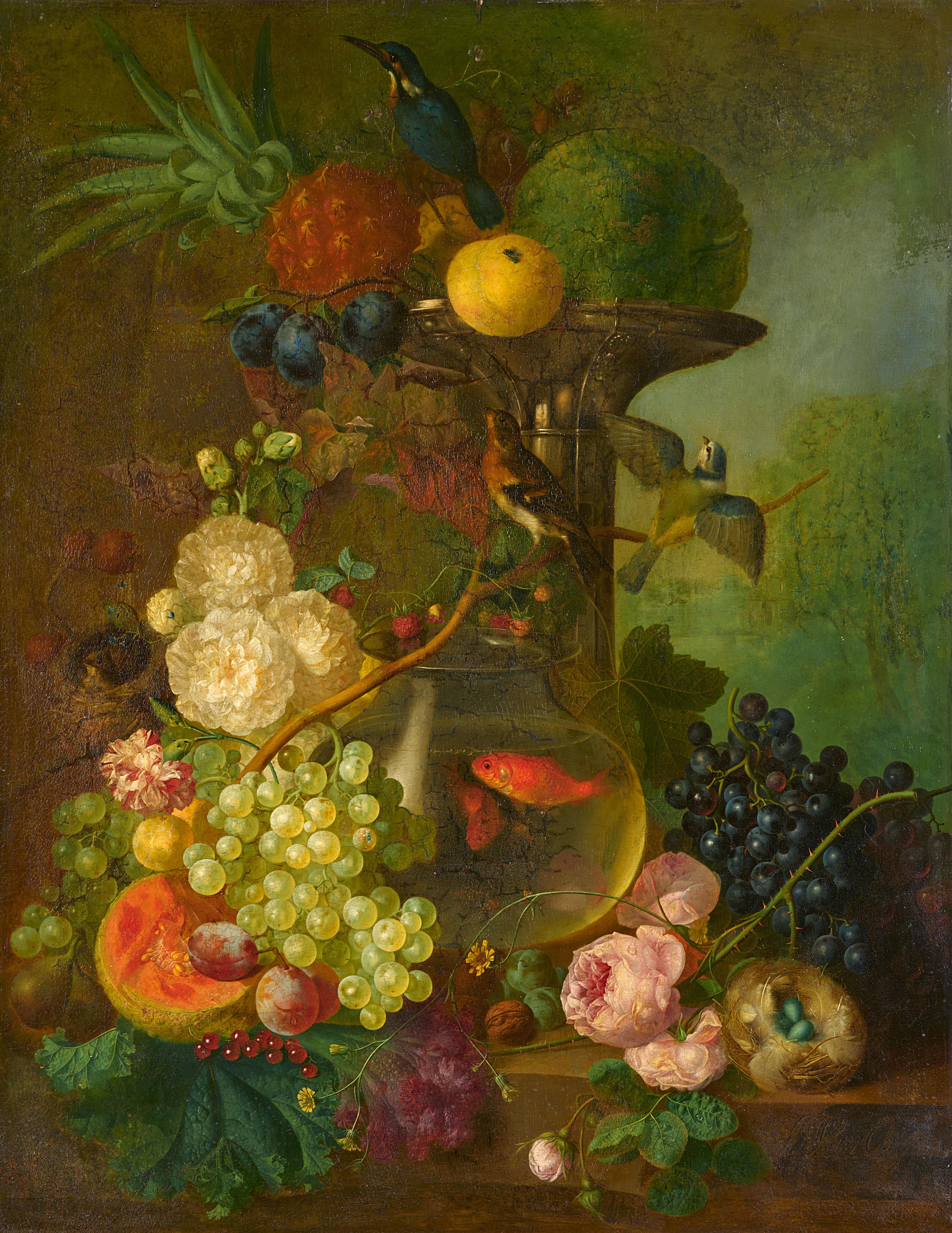 Jan van Os - Stillleben mit einem Goldfischglas, Vogelnestern, Früchten und Blumen auf einem Steinsockel - image-1