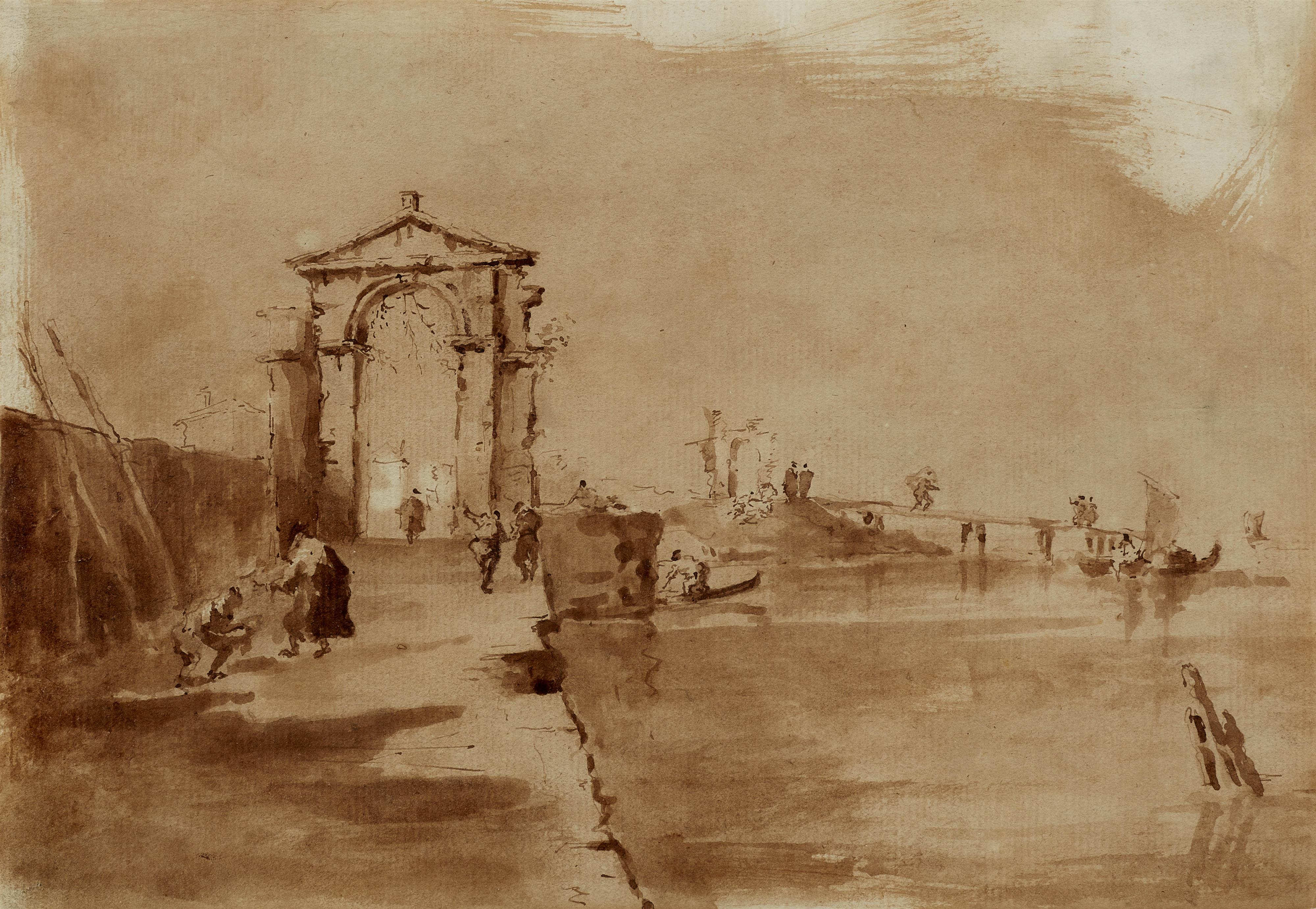 Francesco Guardi - Architectural Capriccio with ruined Archway and small Harbour with Pier - image-1