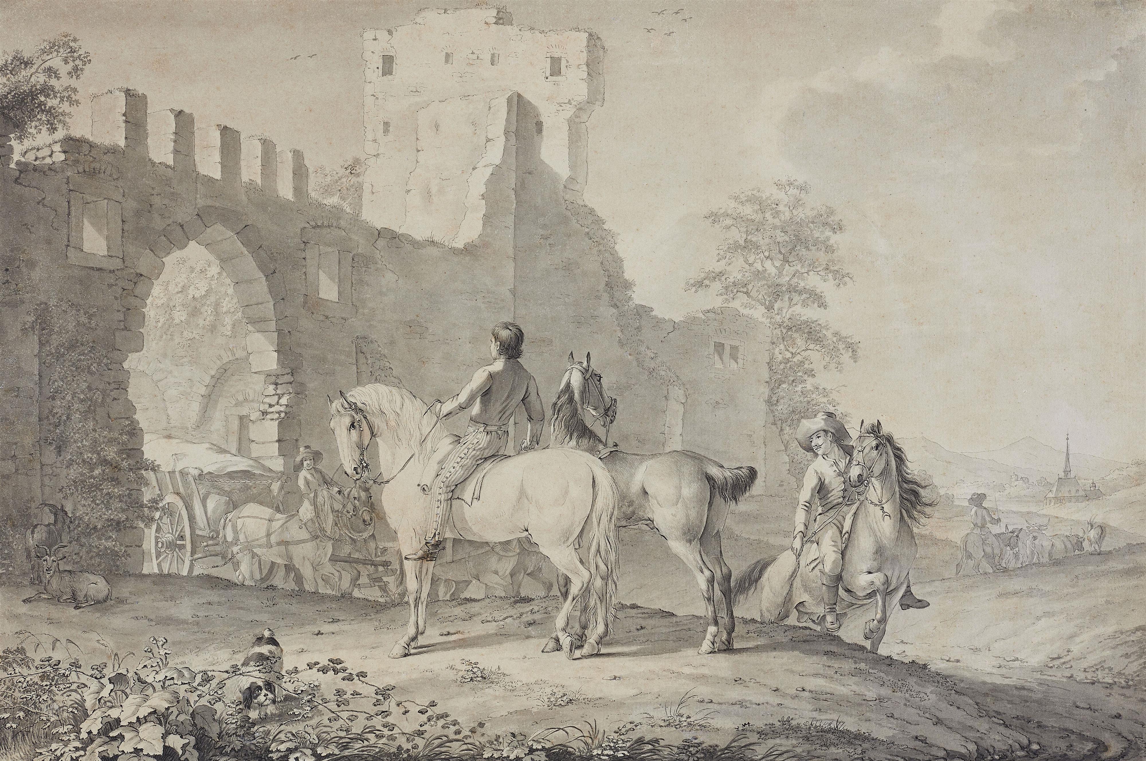 Johann Georg Pforr - Reiter und Fuhrwerk an einer mittelalterlichen Stadtmauer - image-1