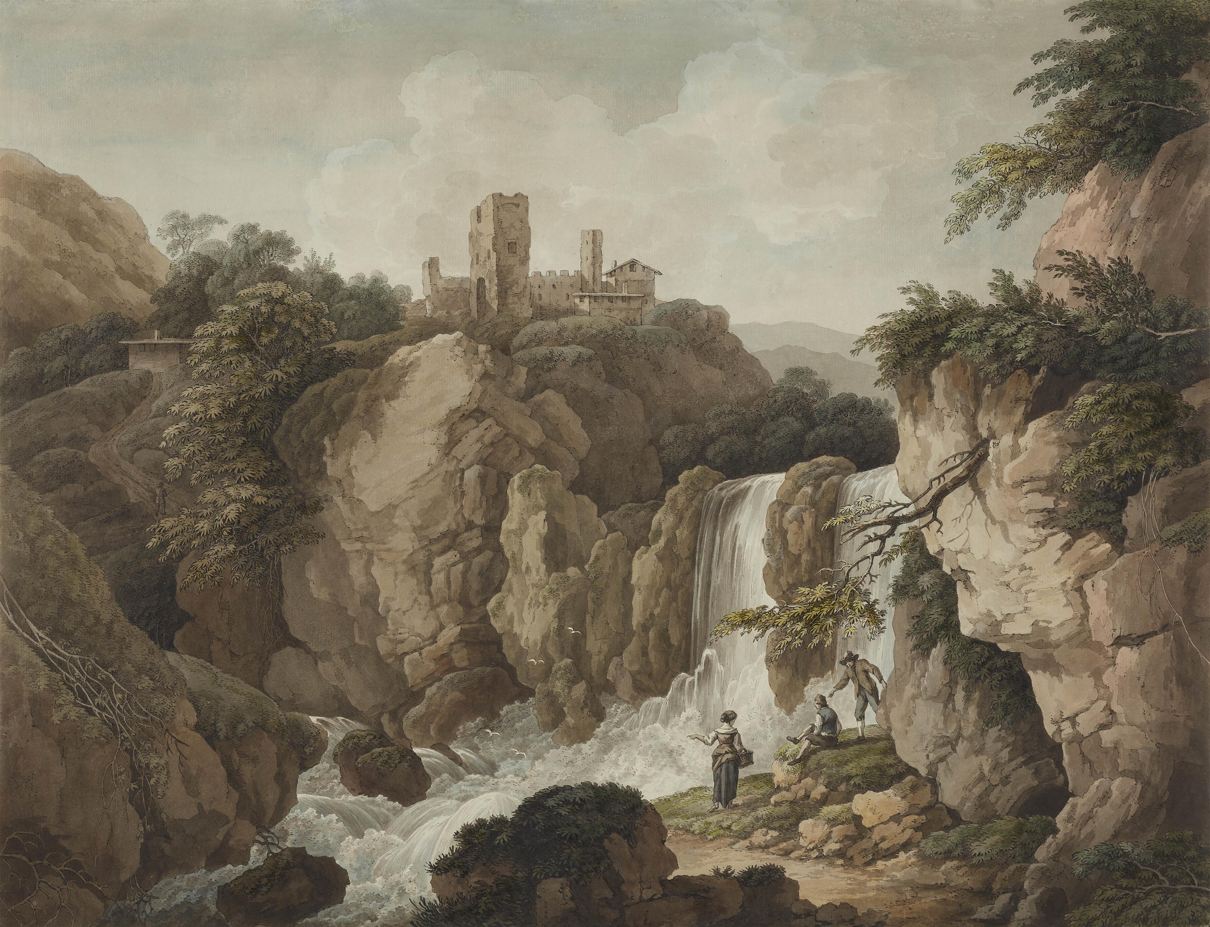Adrian Zingg - Rocky Landscape with Castle Ruins and Waterfall - image-1