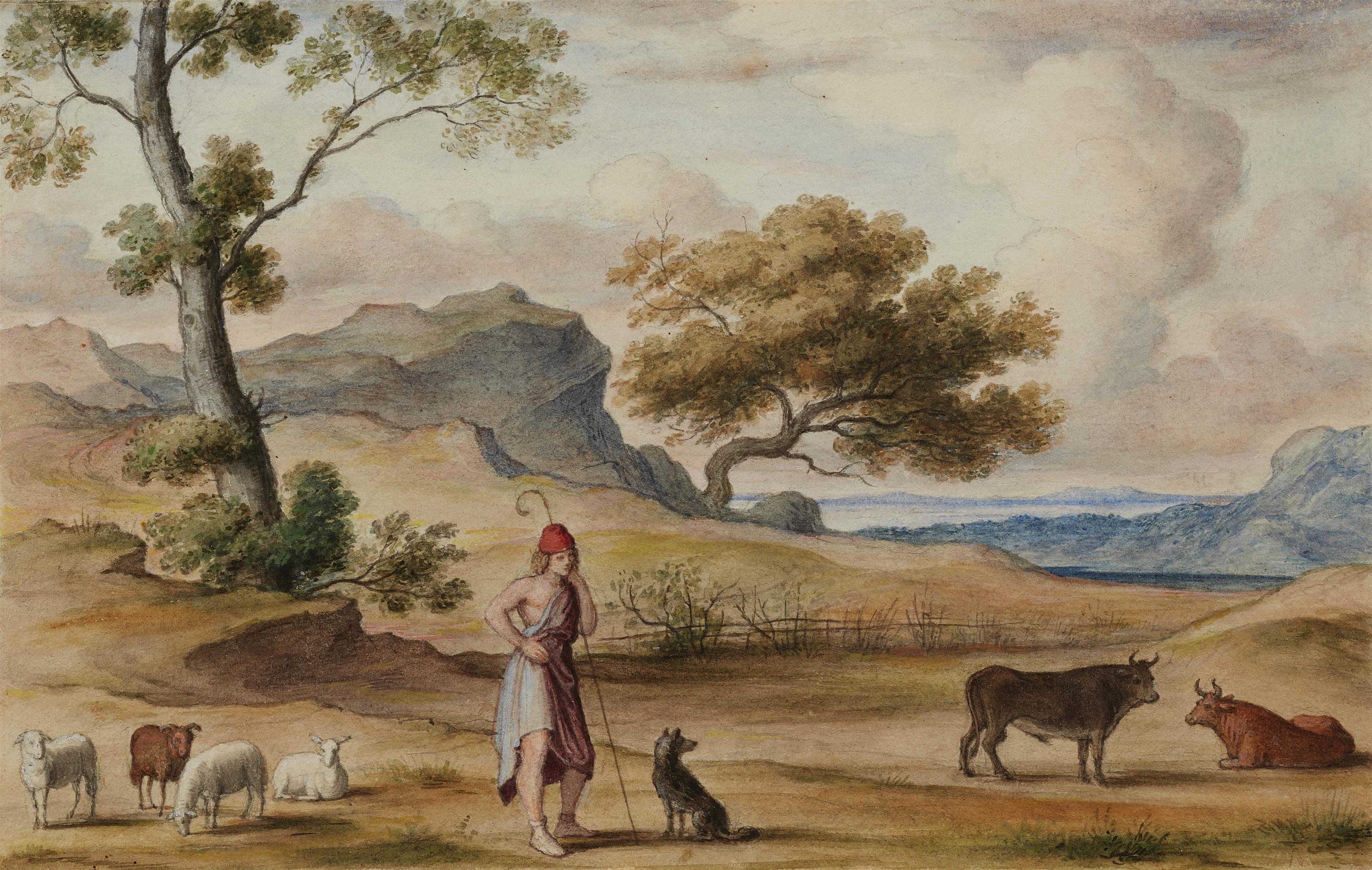 Friedrich Olivier - Südliche Landschaft mit einem Hirten und Tieren - image-1