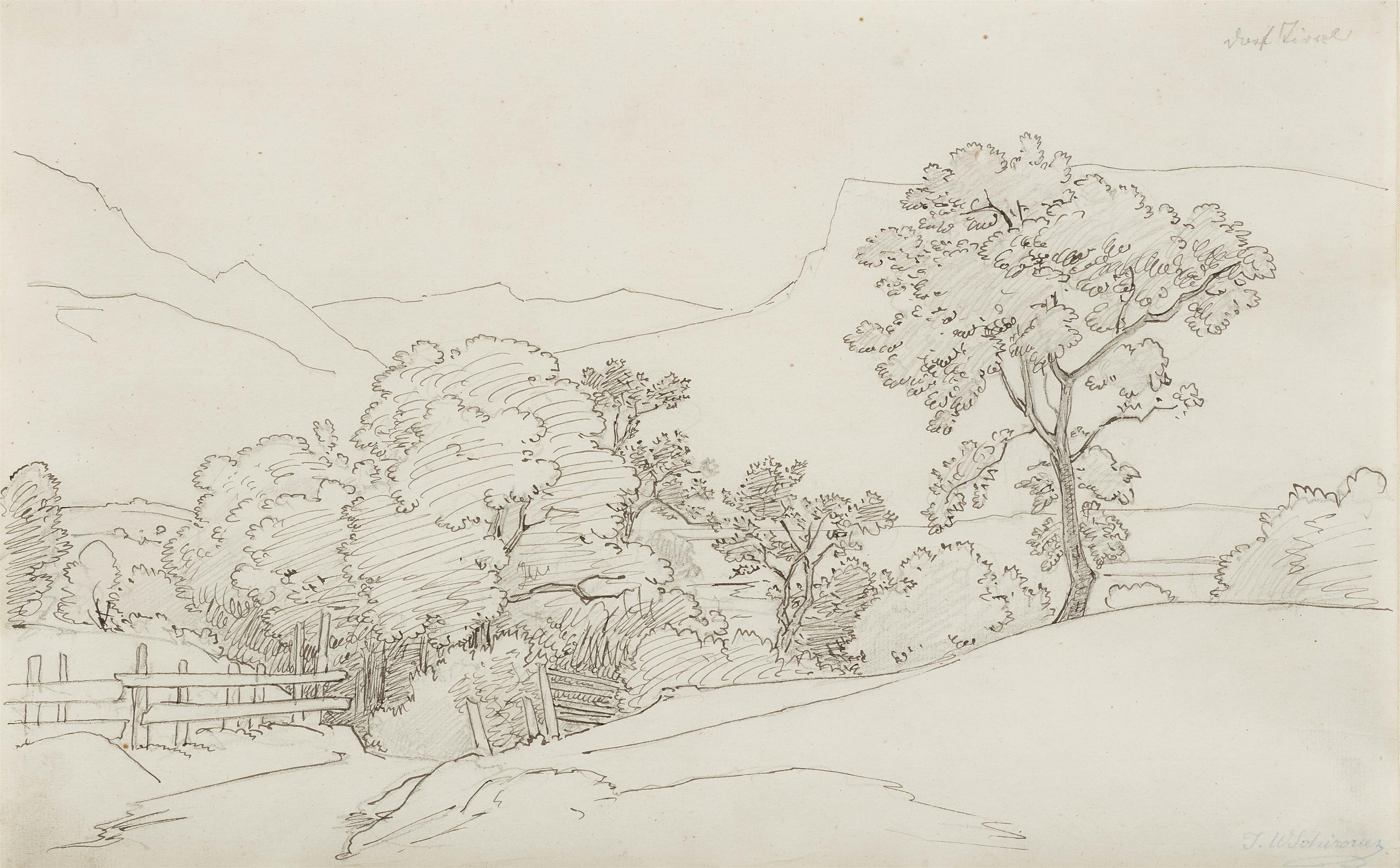 Johann Wilhelm Schirmer - Hügelige Landschaft mit Zaun und Bäumen - image-1
