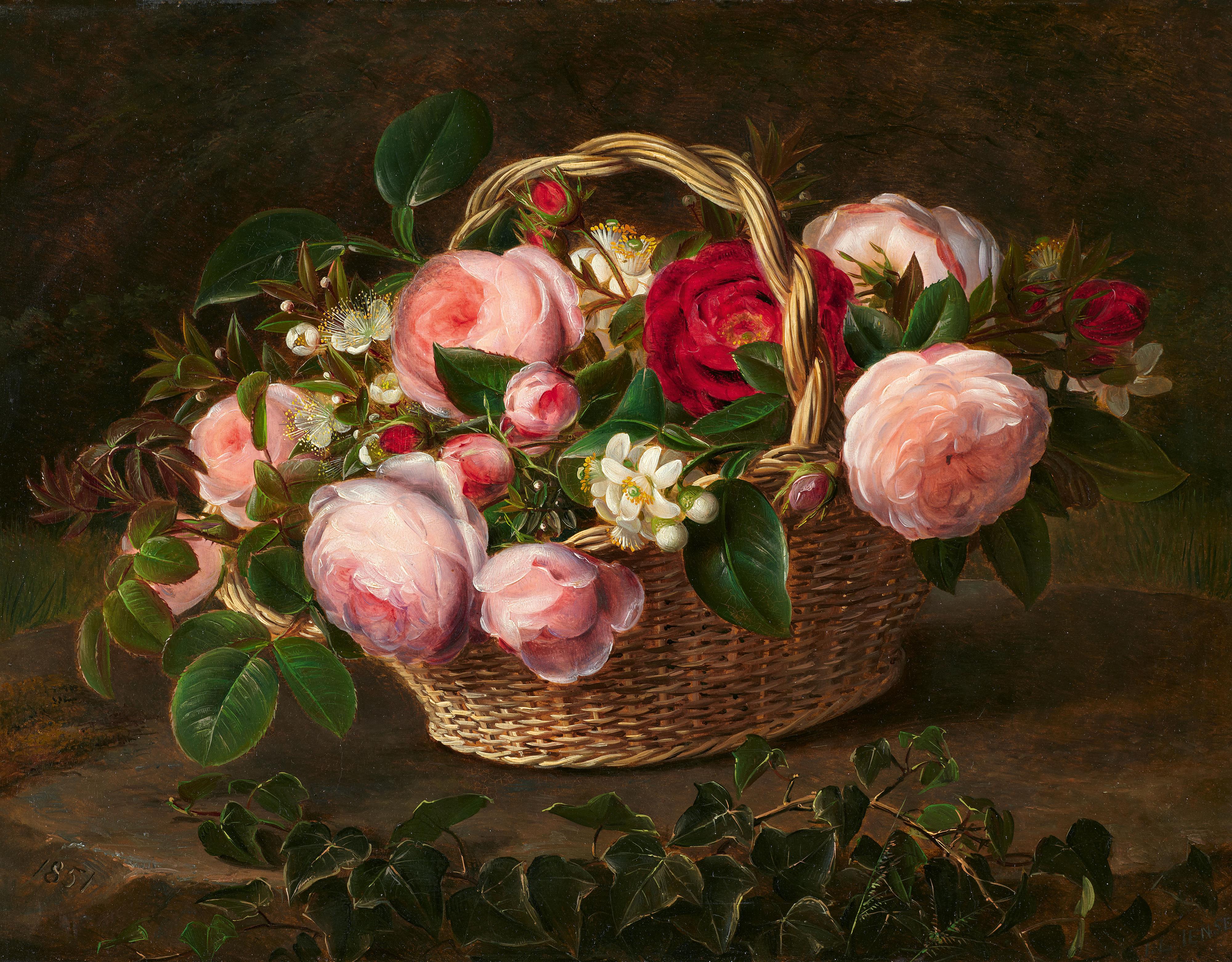Johann Laurentz Jensen - Basket with rose and apple blossoms - image-1