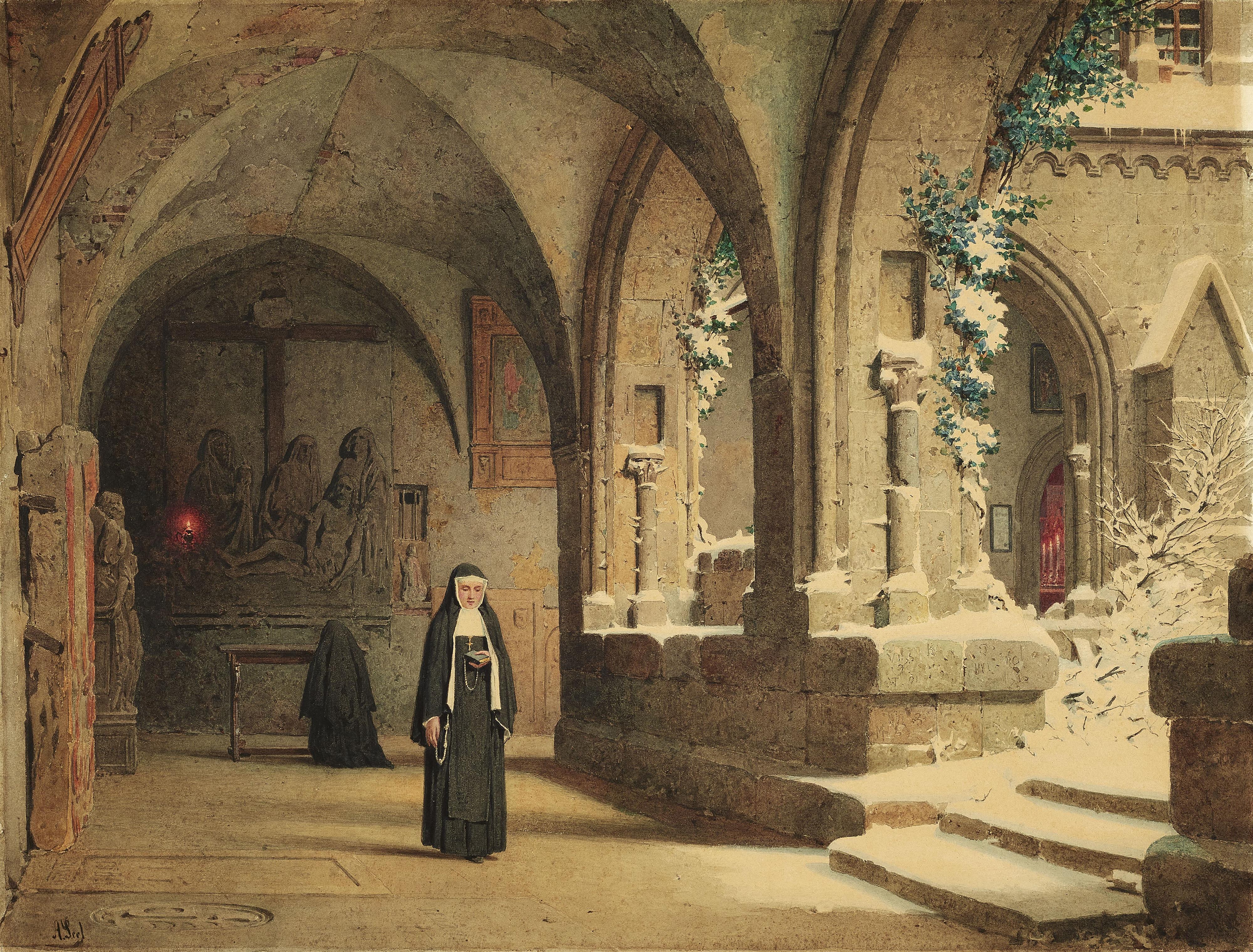 Adolf Seel - Klosterkreuzgang mit zwei Nonnen - image-1