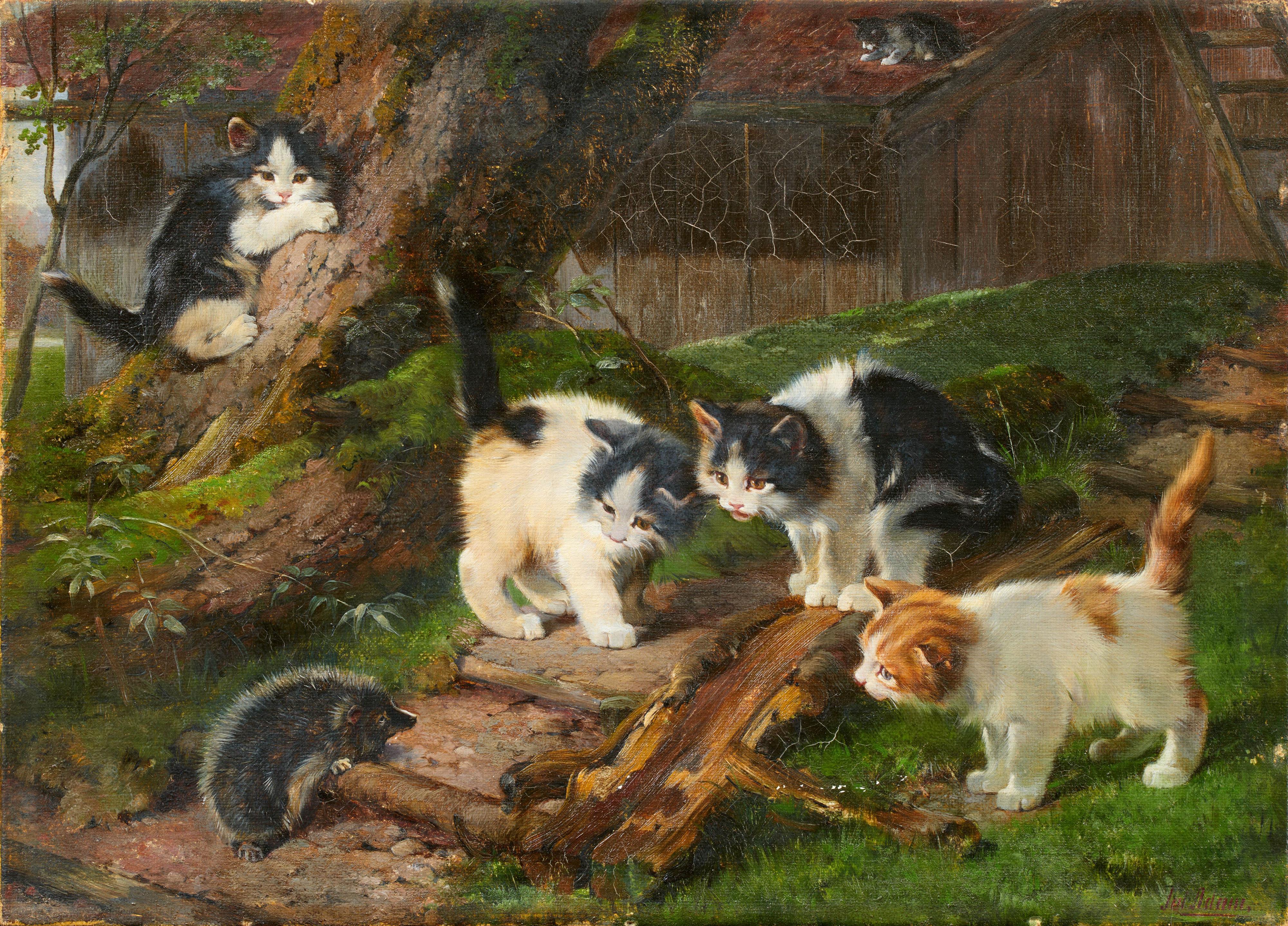 Julius Adam the Younger - Four Kittens and a Hedgehog - image-1