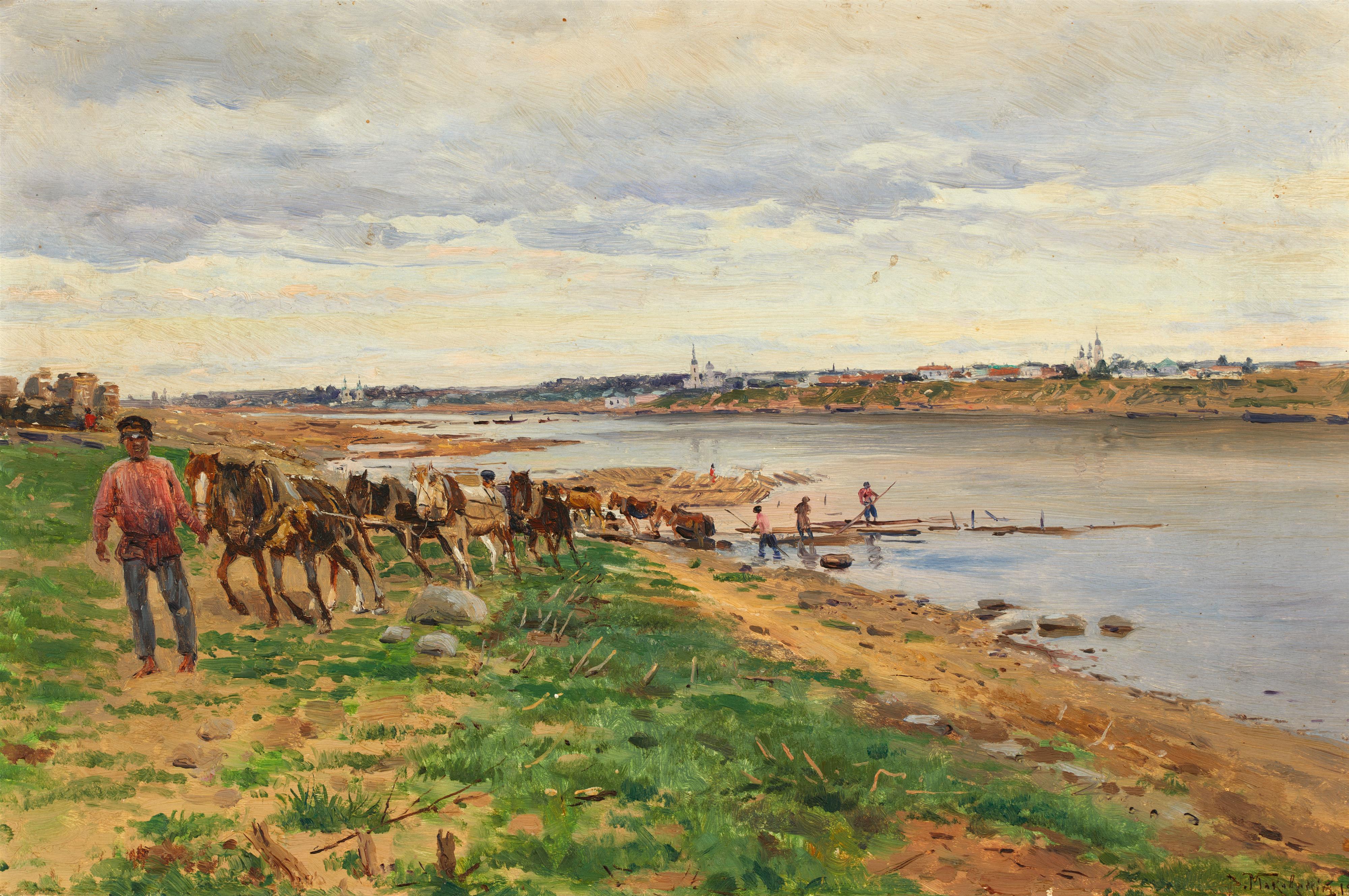 Wladimir Jegorowitsch Makowskij - Holzarbeiter mit Pferden am Ufer der Wolga - image-1