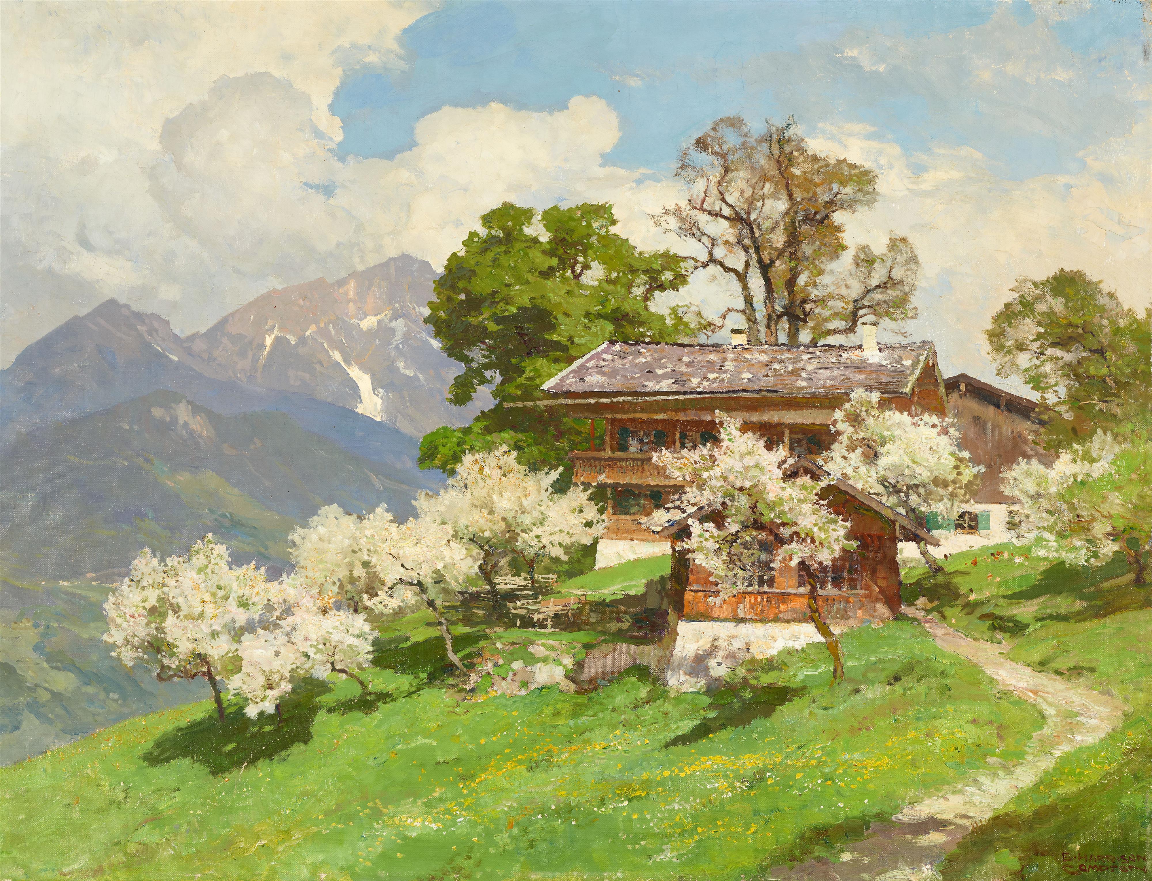 Edward Harrison Compton - Cottage with Blossoming Fruit Trees - image-1