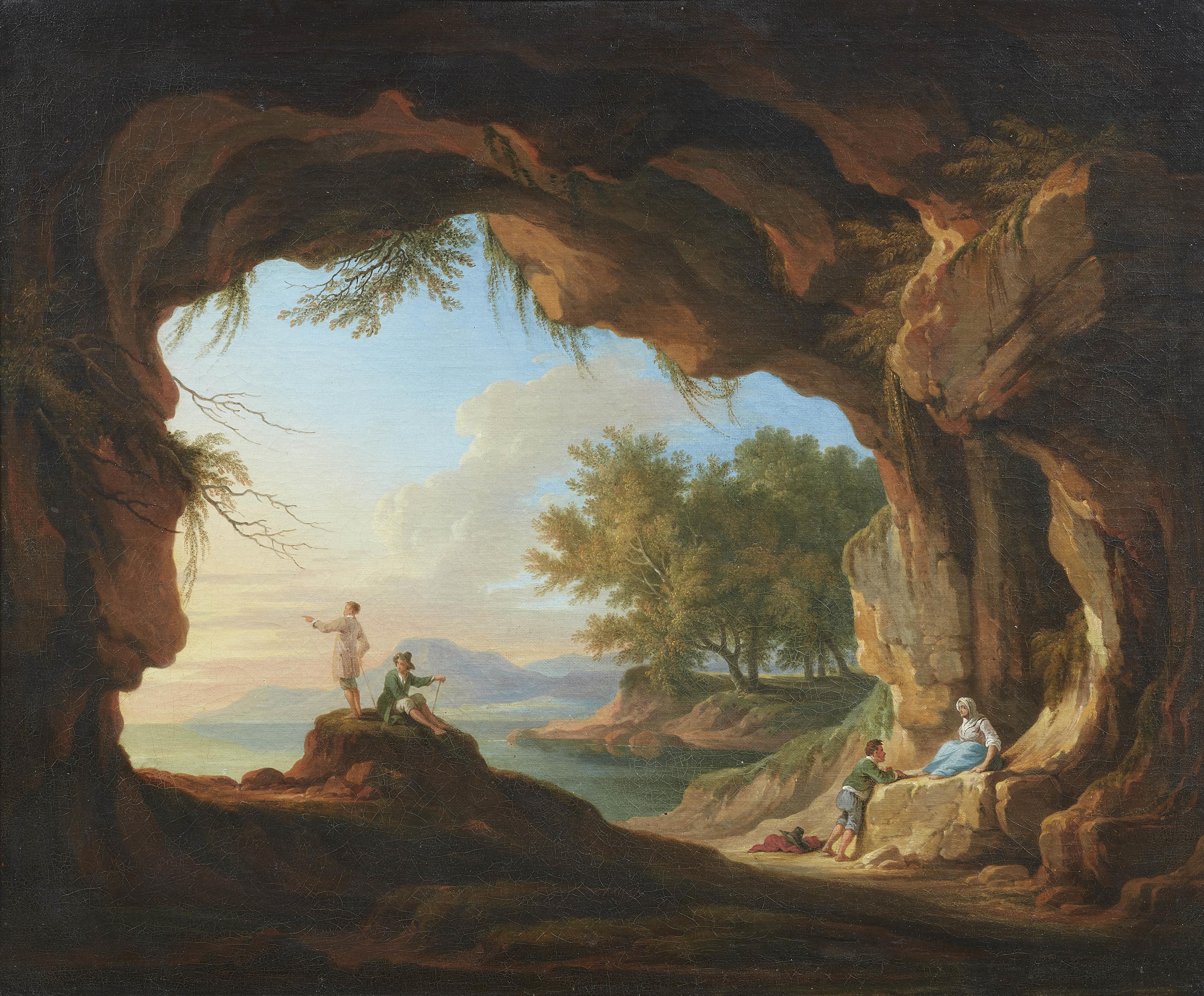 Adolf Friedrich Harper - View from a Cave of a Coastal Landscape in Evening Light - image-1