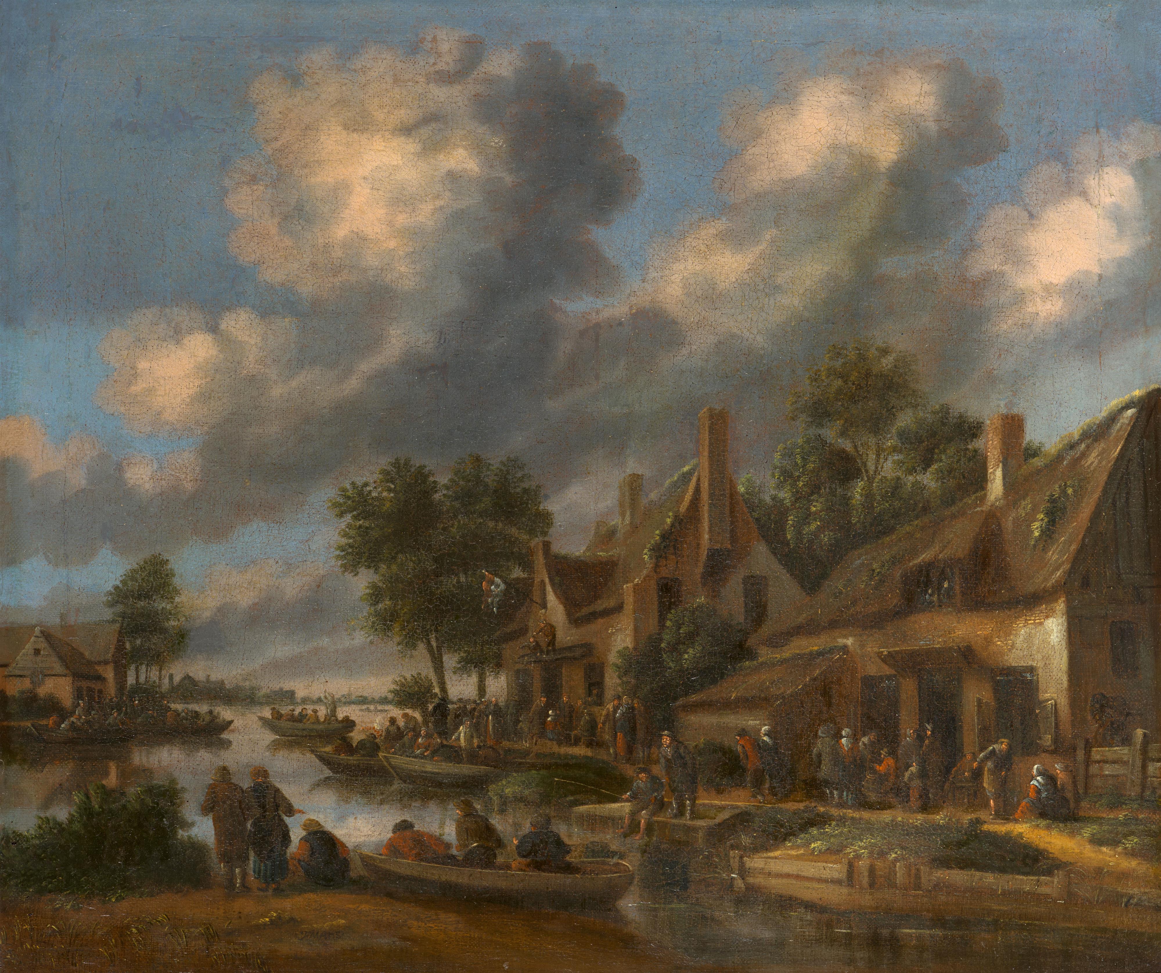 Thomas Heeremans - Dorfbewohner und Boote vor einem Gasthaus am Flussufer - image-1