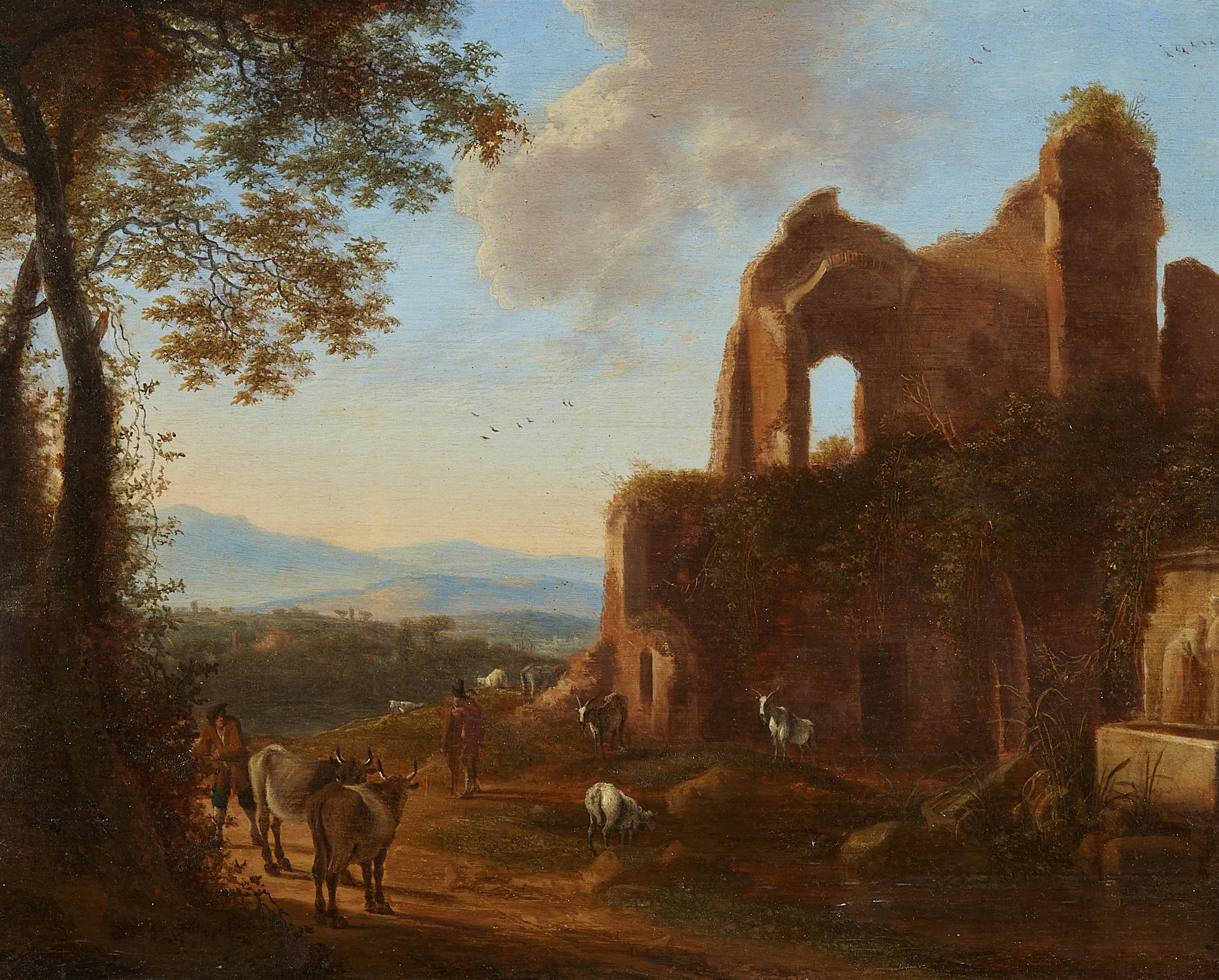 Horatius de Hooch - Südliche Landschaft mit antiker Ruine und Hirten - image-1