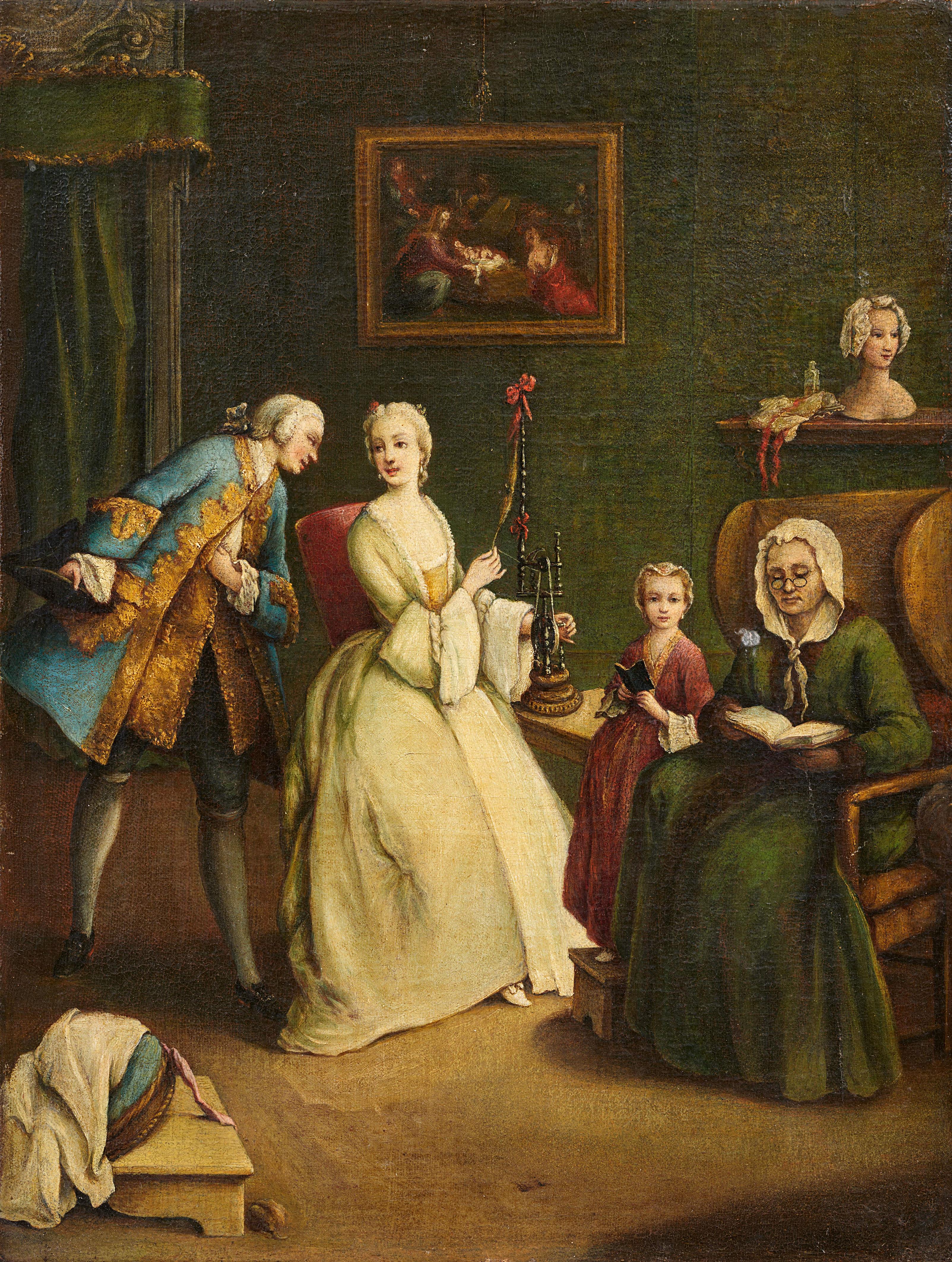 Pietro Longhi, Umkreis - Galante Szene mit einer jungen Frau an der Spindel - image-1