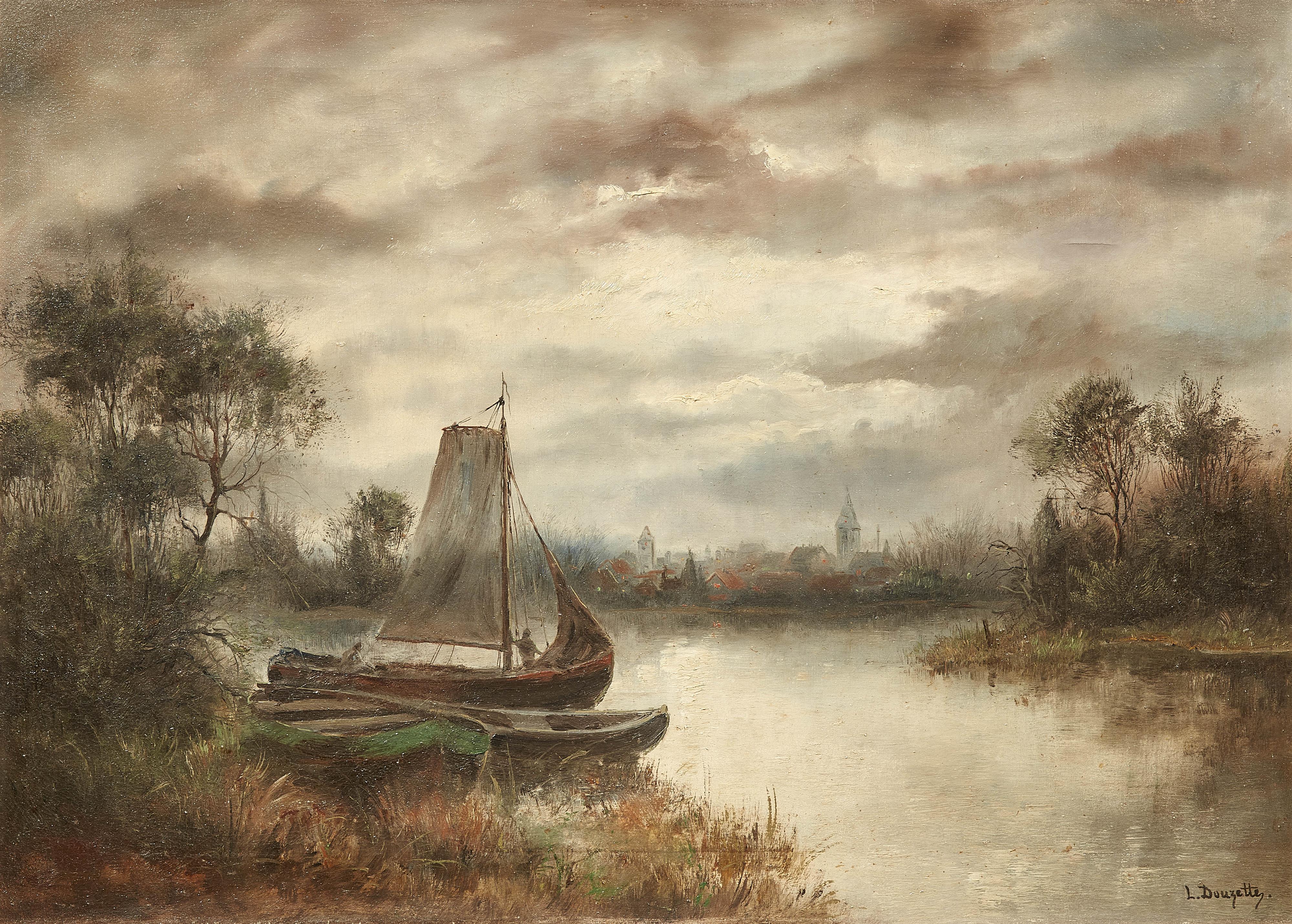 Louis Douzette - Moonlit River Landscape with Boats and a Village - image-1