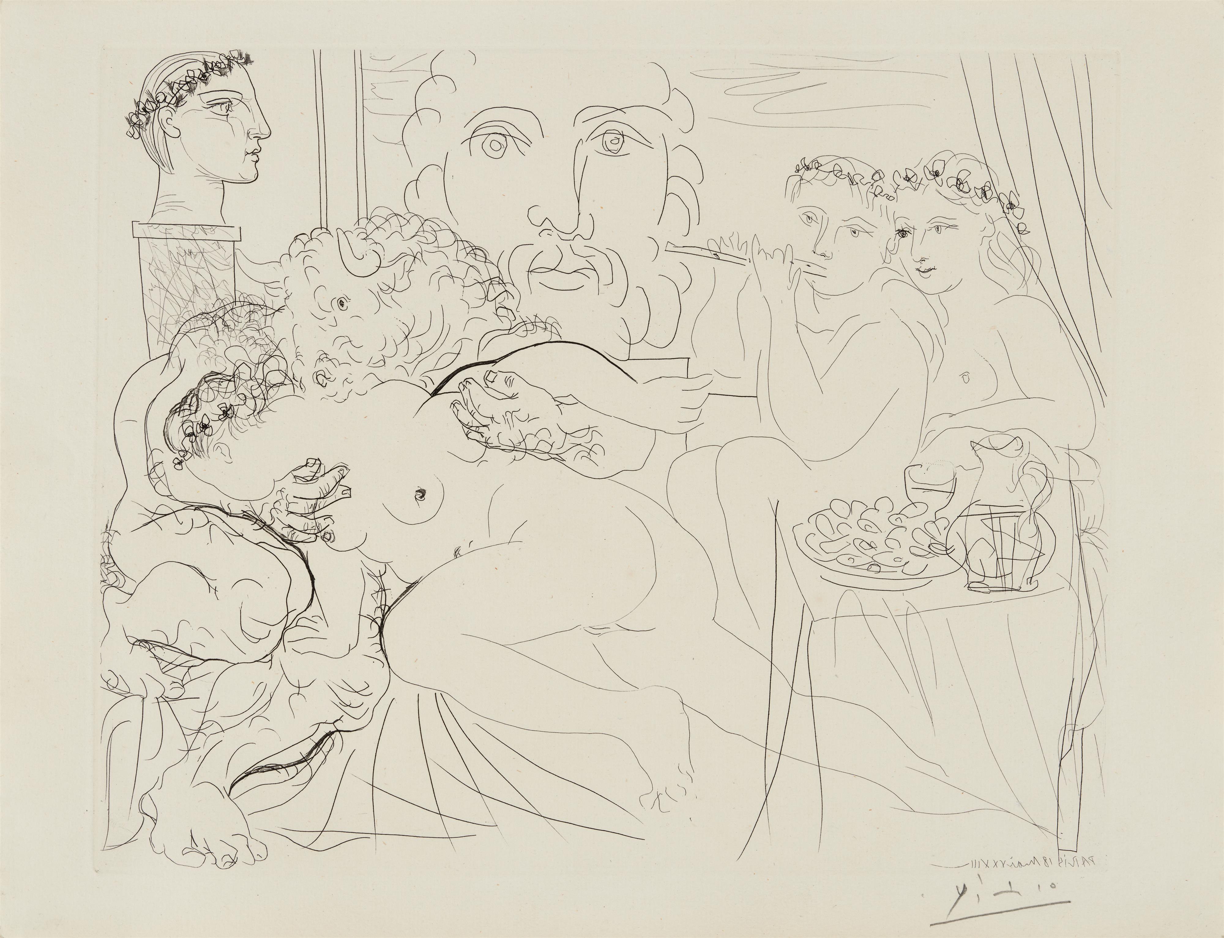 Pablo Picasso - Autoportrait sous trois formes: Peintre couronné, sculpteur en buste et minotaure amoureux - image-1