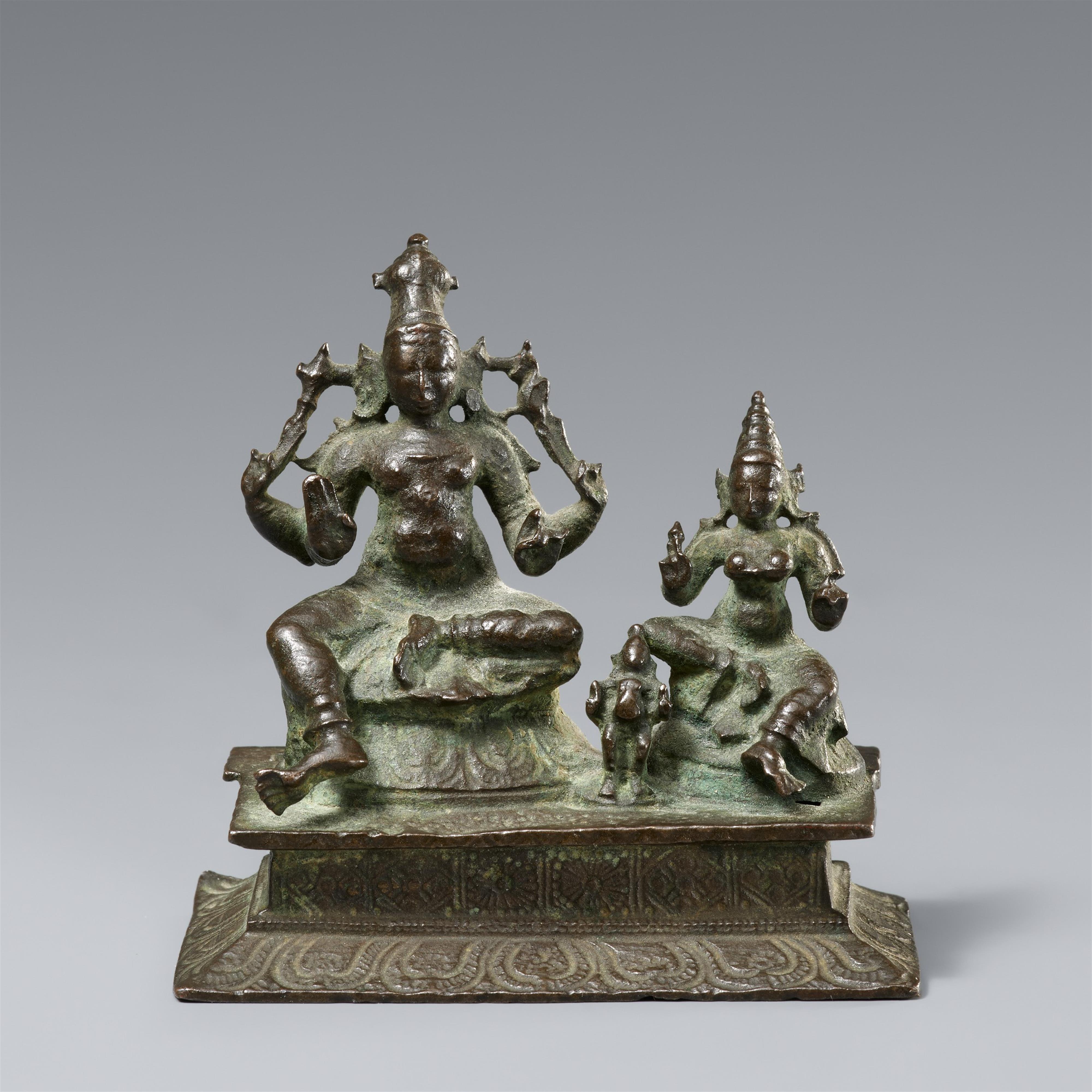 A miniature Chola copper alloy altar of Shiva and Parvati. Southern India. 15th/16th century - image-1