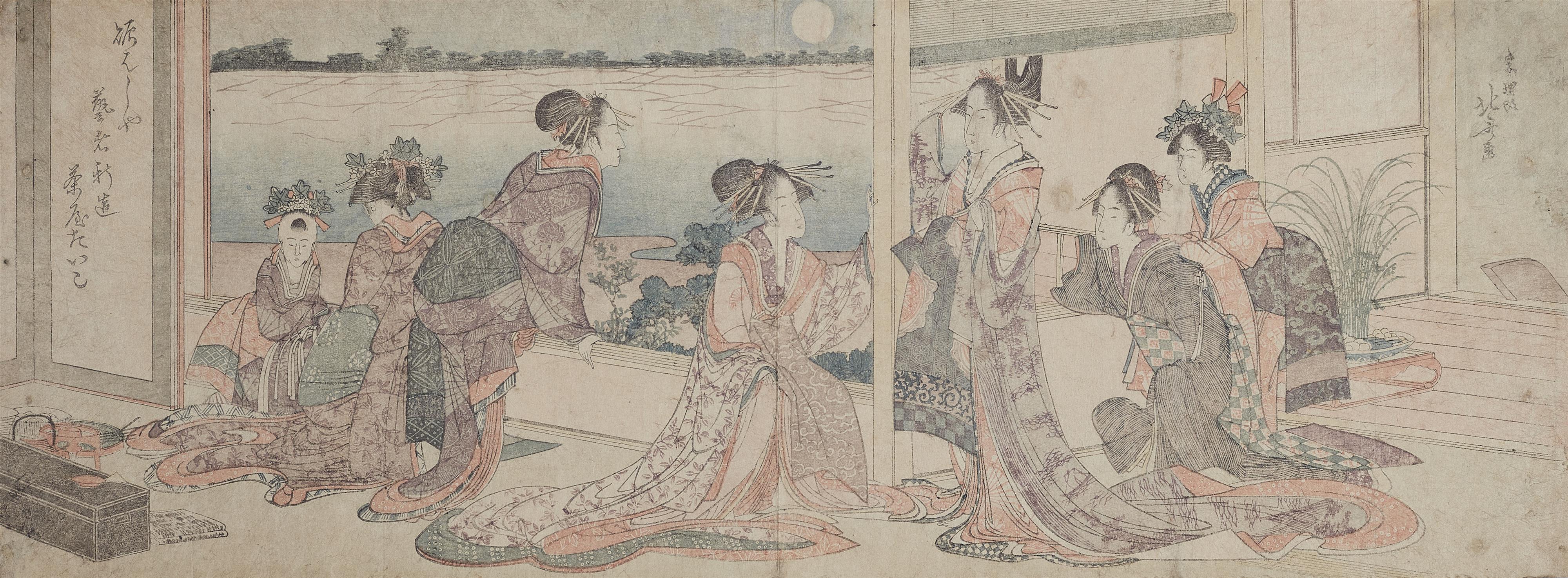 Katsushika Hokusai - Courtesans, geisha, shinzô and kamuro enjoying the full moon - image-2