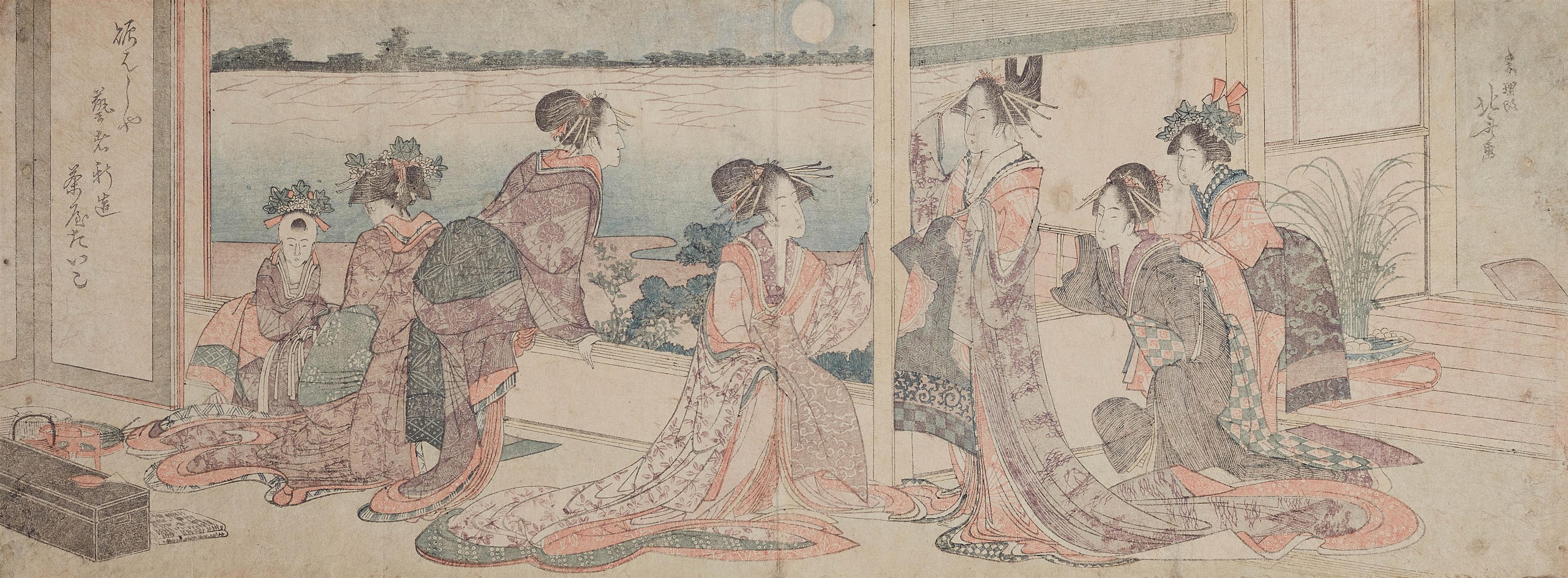 Katsushika Hokusai - Courtesans, geisha, shinzô and kamuro enjoying the full moon - image-1