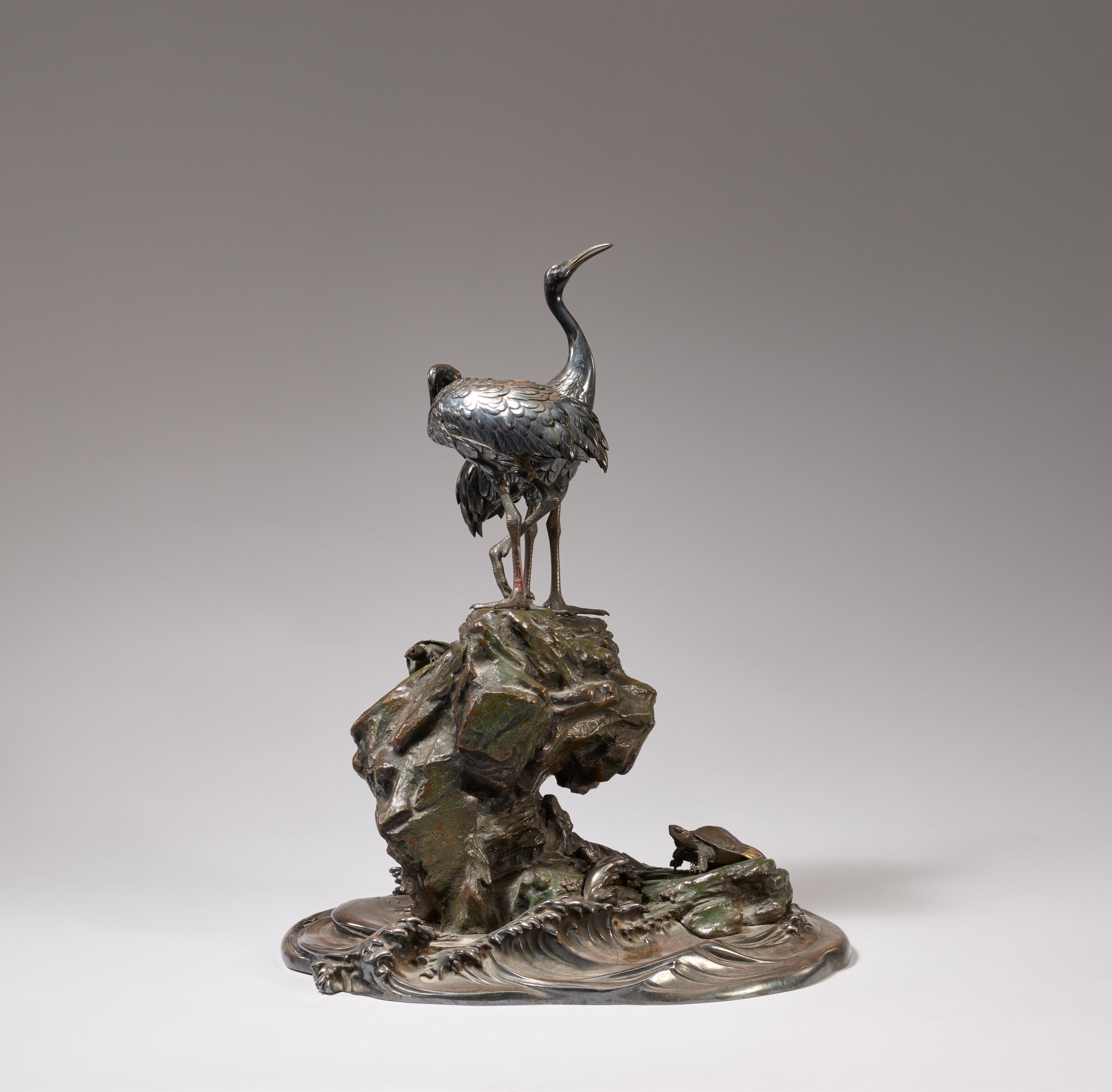 A bronze and silver okimono of a pair of cranes and two tortoises. Late 19th century - image-2