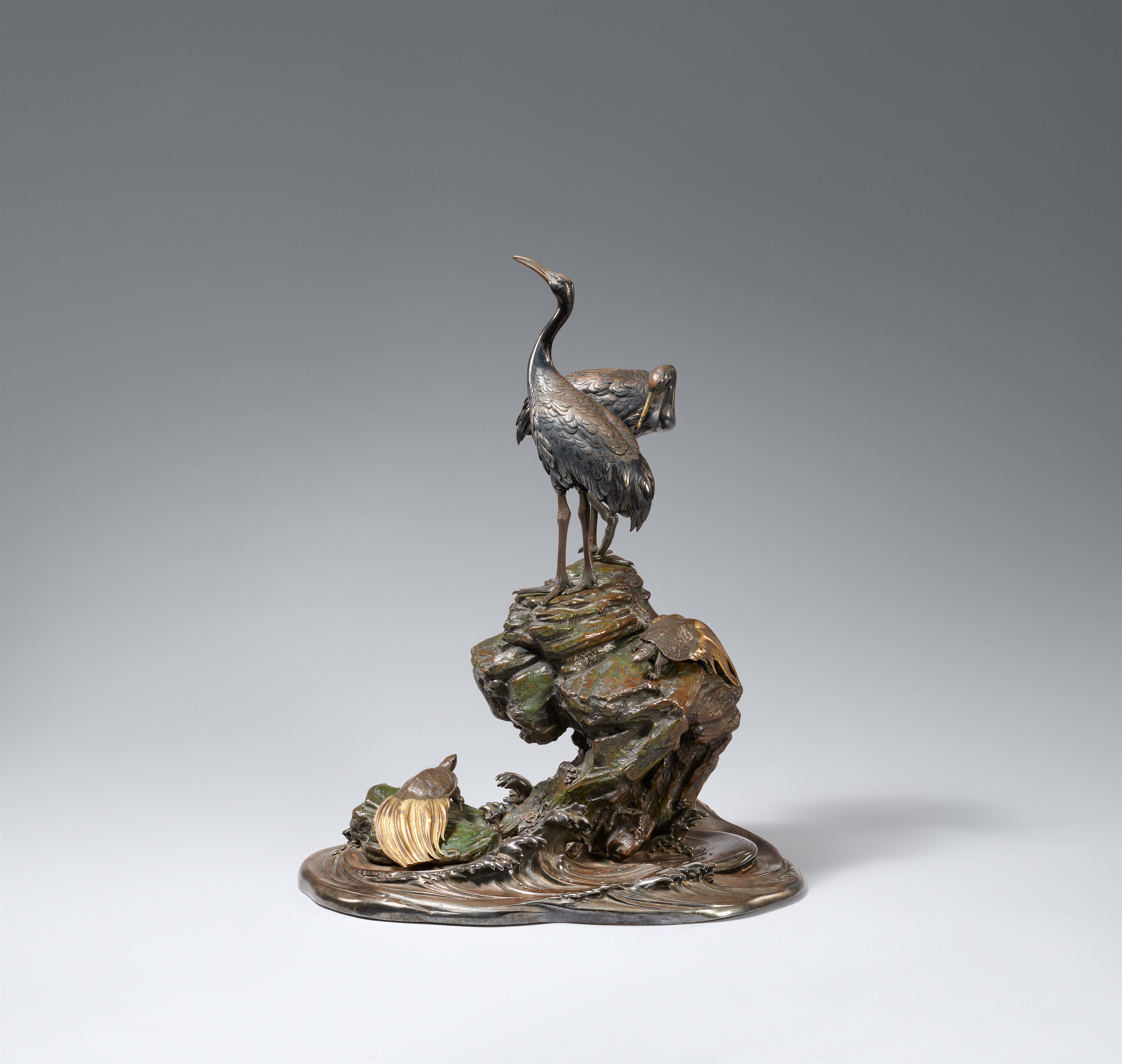 A bronze and silver okimono of a pair of cranes and two tortoises. Late 19th century - image-1