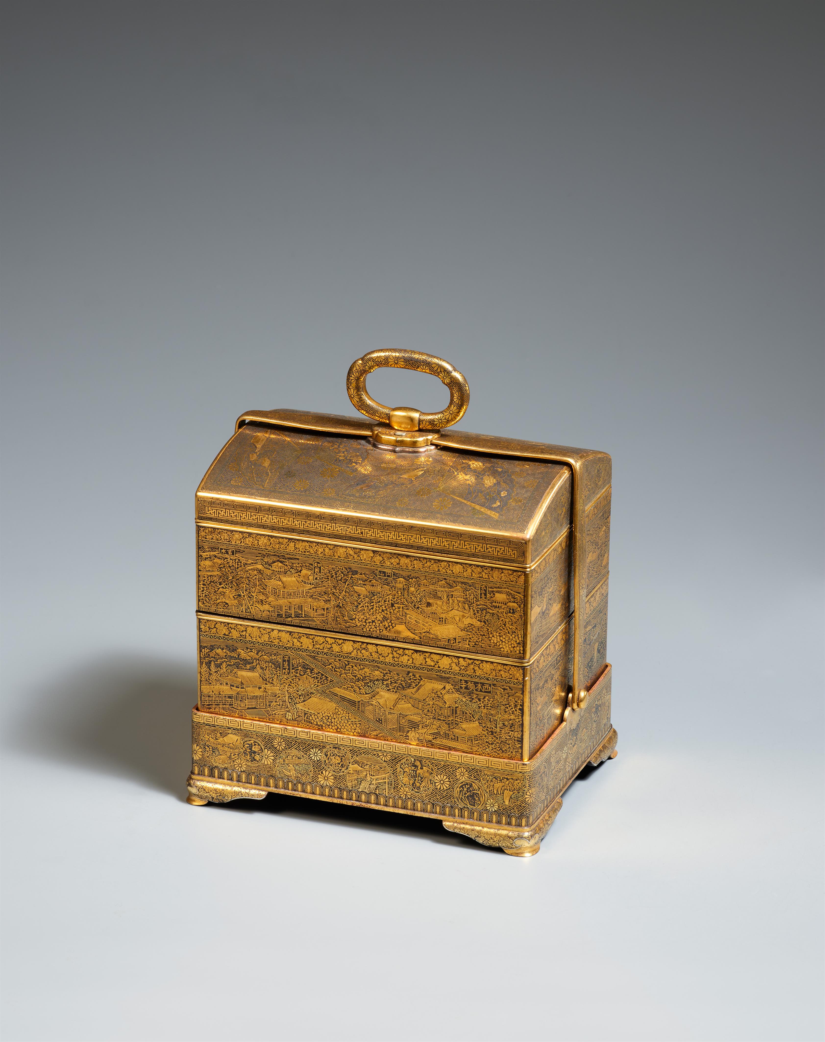 A Komai damascened iron tiered box with a handle. Kyoto. Late 19th century - image-2